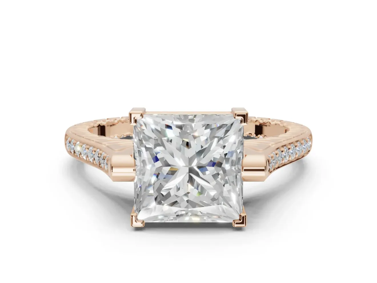 Princess Cut Vintage Cathedral Engagement Ring Setting | Carved Band | Rose Gold