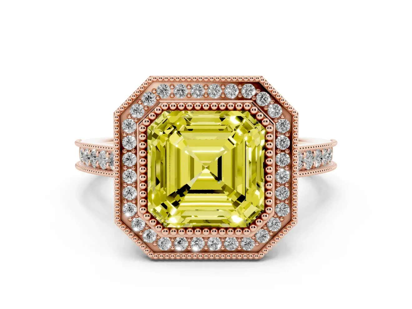 Asscher Cut Vintage Milgrain Halo Engagement Ring Setting for a Fancy Yellow Lab-Grown Diamond | Bezel Head | Rose Gold