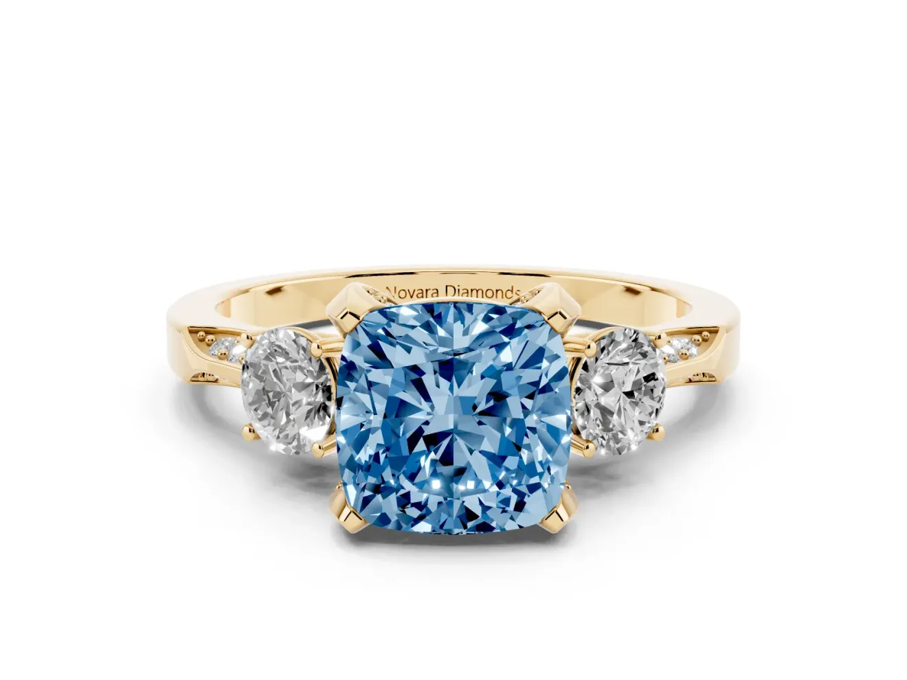 Cushion Cut Hidden Halo Three Stone Engagement Ring Setting for a Fancy Blue Lab-Grown Diamond | Yellow Gold