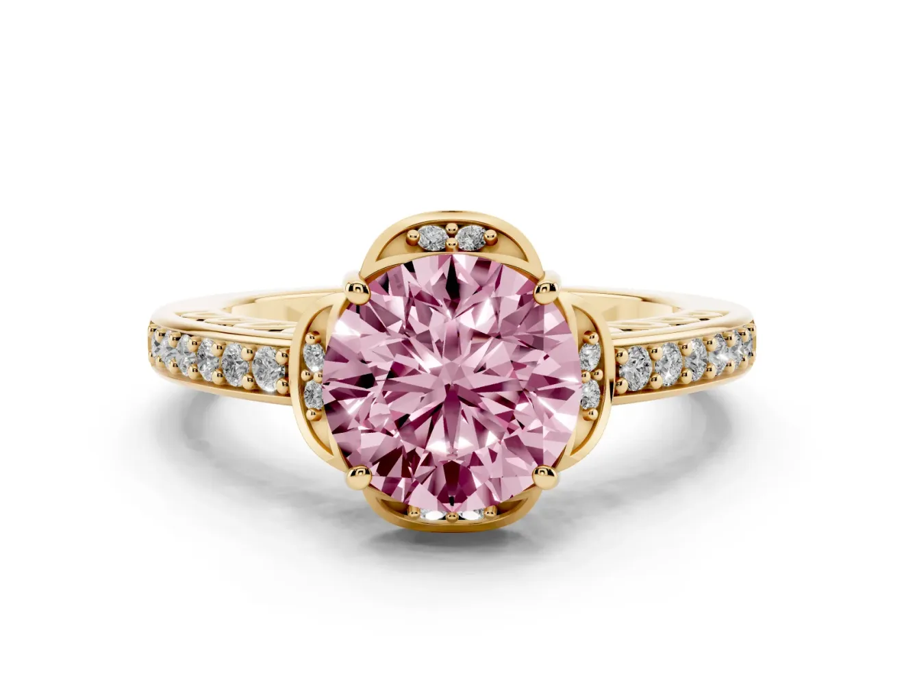 Round Floral Pavé Engagement Ring Setting for a Fancy Pink Lab-Grown Diamond | Yellow Gold