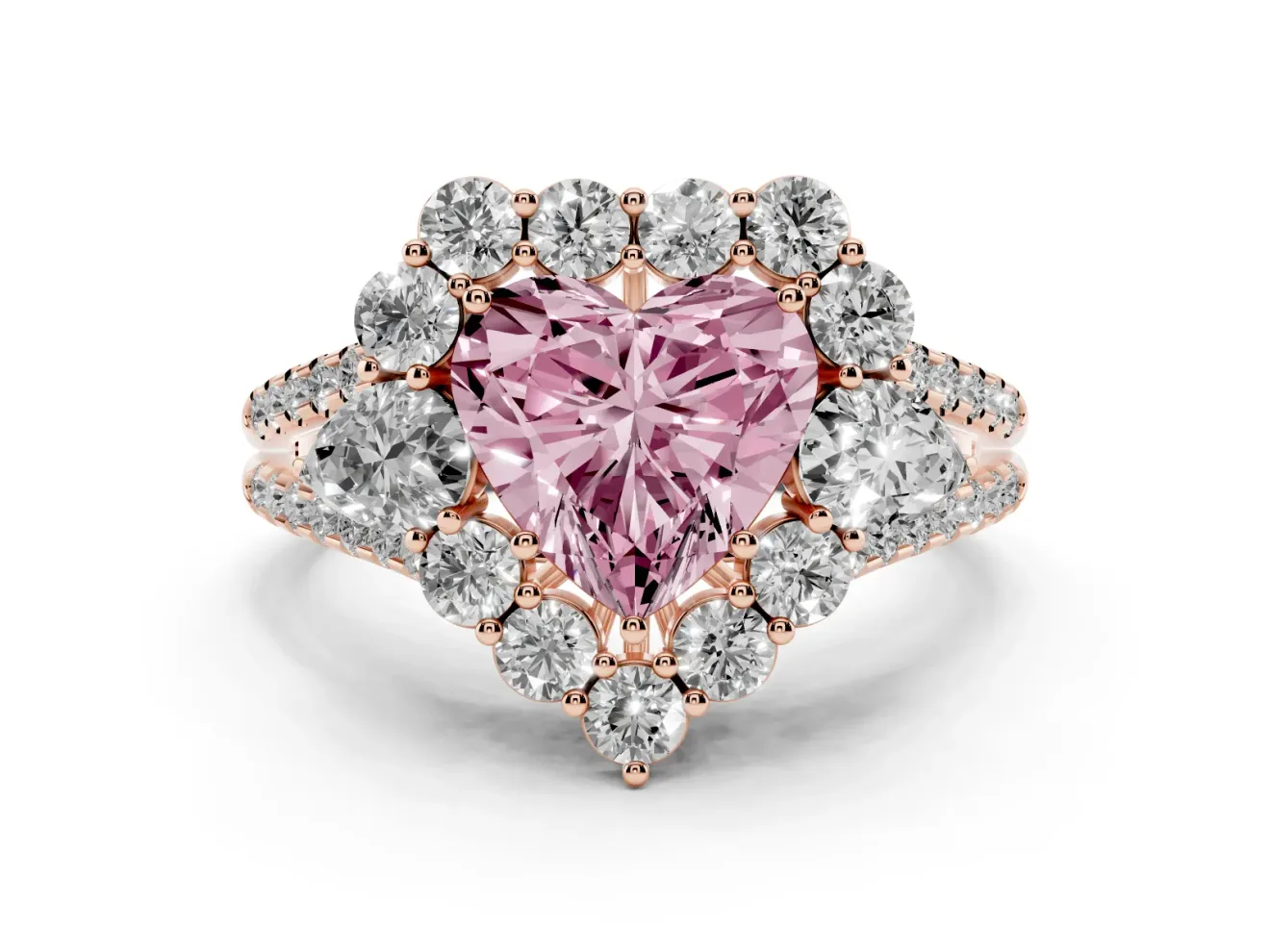 Fancy Pink Heart Cut Diamond Halo Split Shank Engagement Ring Set in Rose gold with Prong-Held Center Stone