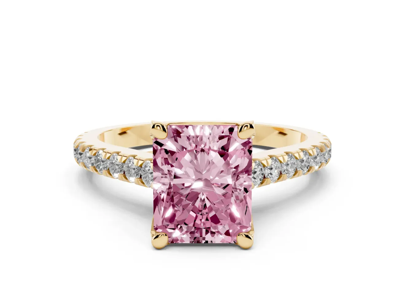 Radiant Cut Hidden Halo Pave Engagement Ring Setting for a Fancy Pink Lab-Grown Diamond | Claw Prongs | Yellow Gold