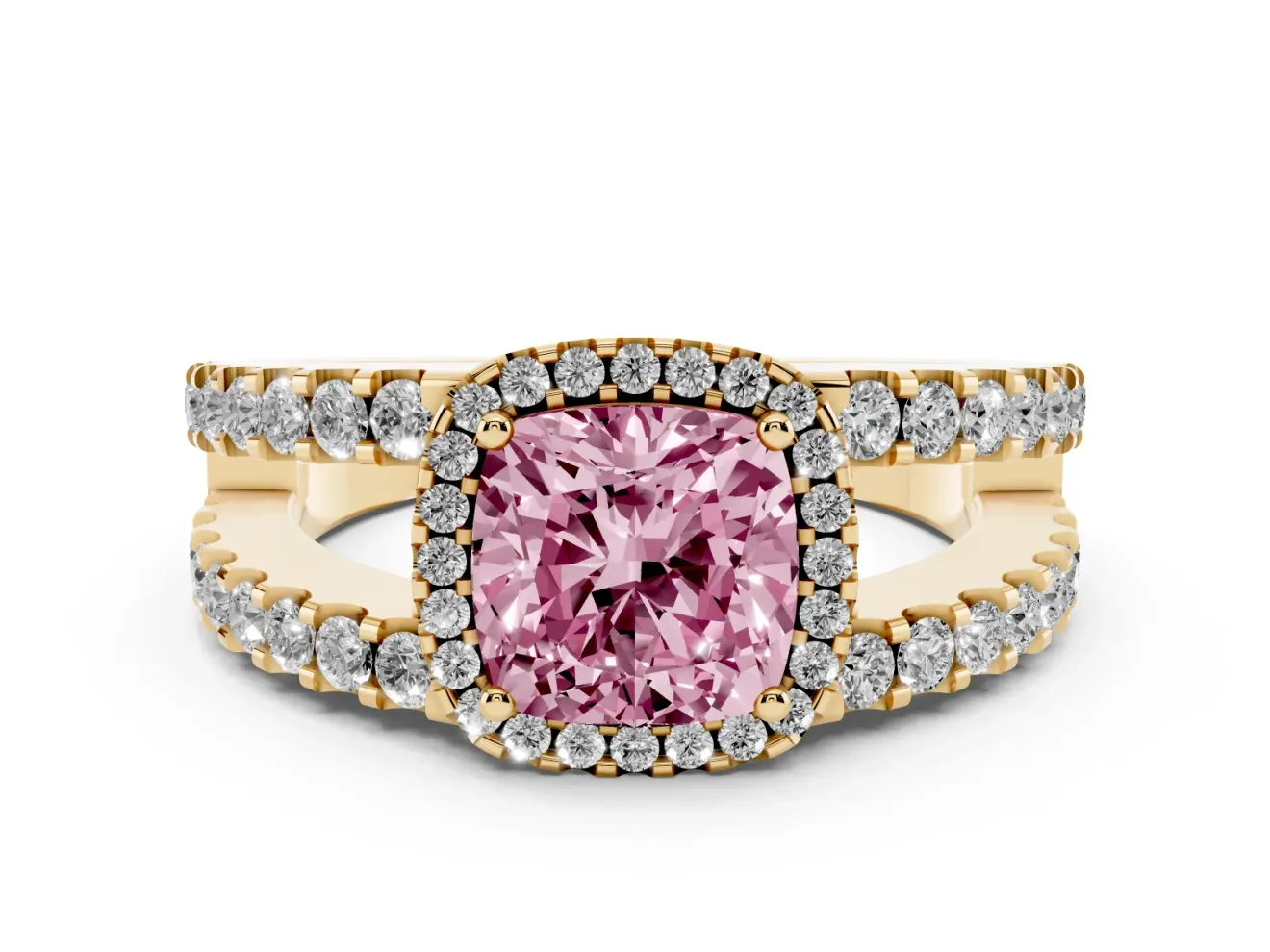 Fancy Pink Cushion Cut Diamond Halo Ring Set in Yellow gold with Pavé Split Shank and Prong Setting