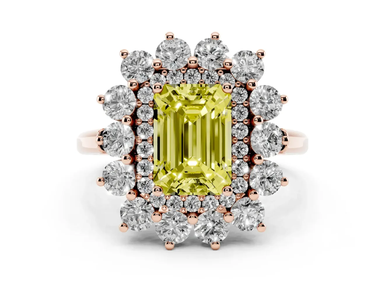 Emerald Cut Floral Double Halo Engagement Ring Setting for a Fancy Yellow Lab-Grown Diamond | Plain Band | Rose Gold