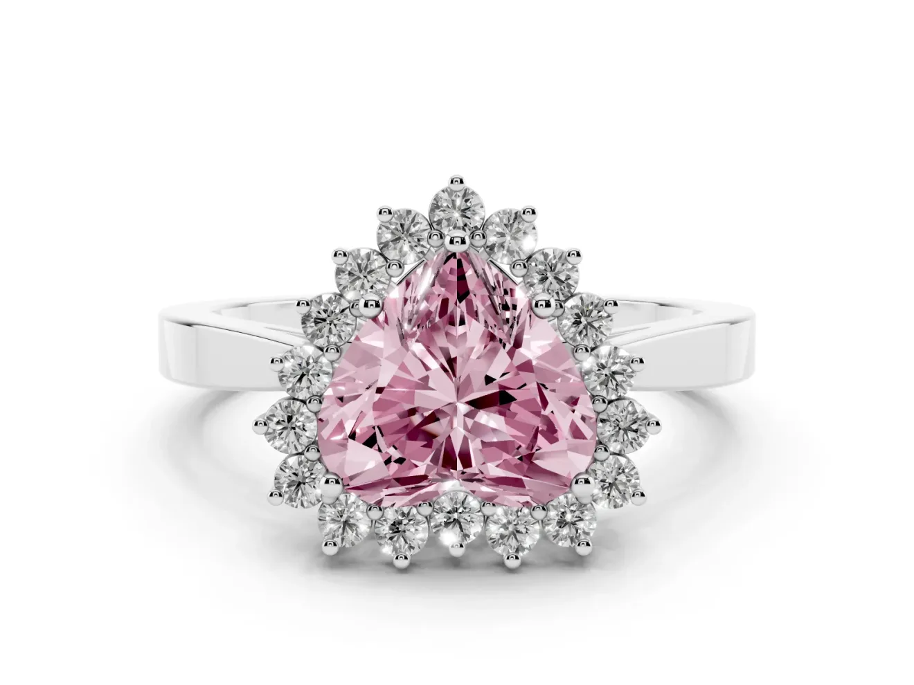 Fancy Pink Heart Cut Diamond Halo Ring Set in Silver with Round Halo and Smooth Solitaire Band