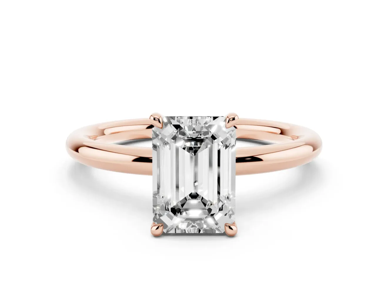 Emerald Cut Hidden Halo Engagement Ring Setting | Thin Plain Band | Rose Gold