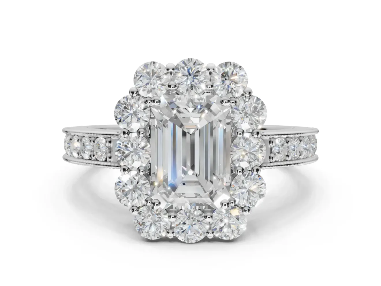 Emerald Cut Vintage Halo Engagement Ring Setting | Milgrain Channel Band | Platinum