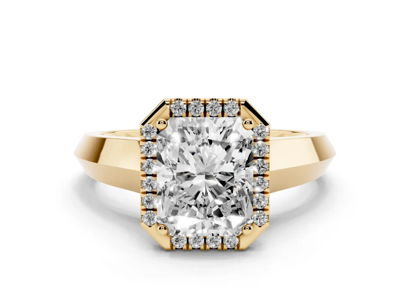 Radiant Cut Diamond Halo Ring Set in Yellow gold with Cathedral Band and Prong Setting