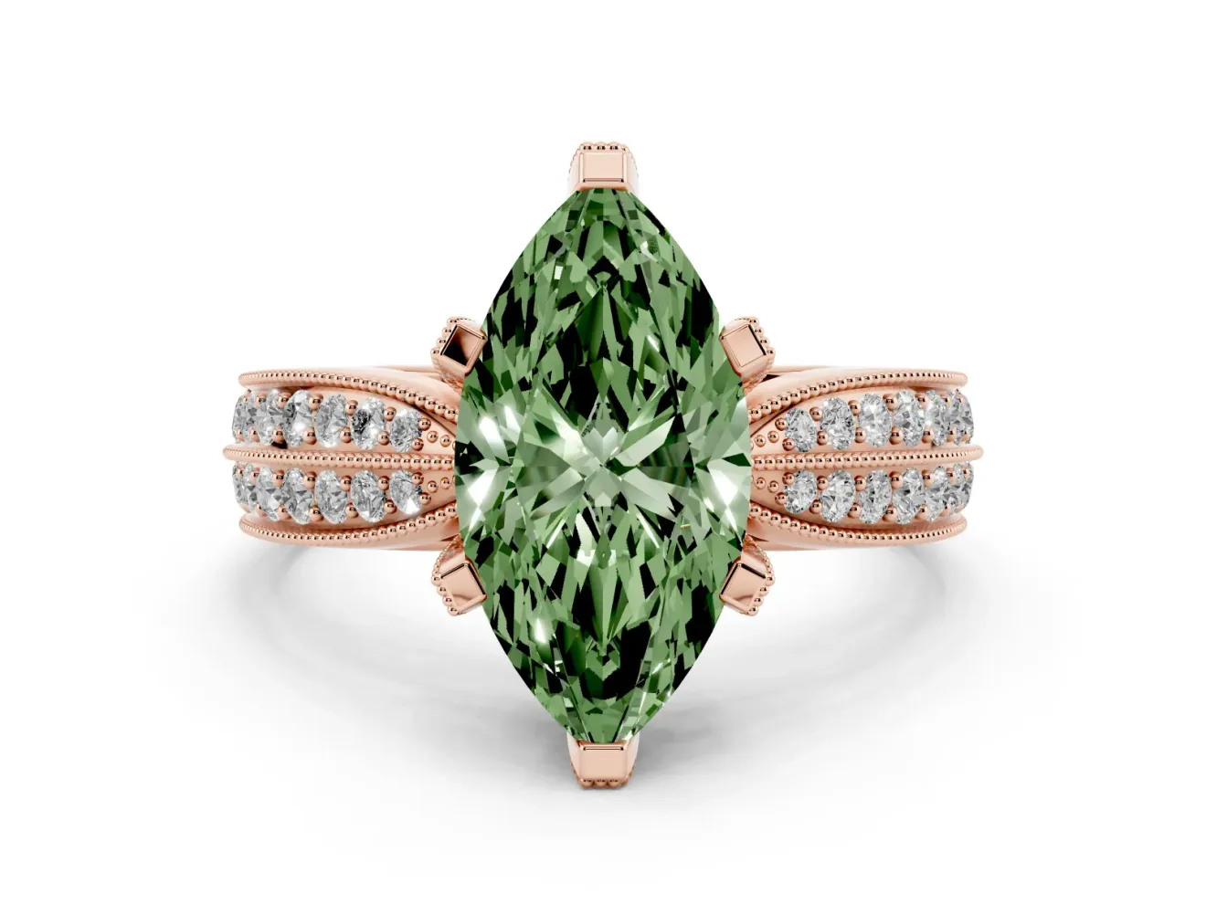 Marquise Milgrain Solitaire Engagement Ring Setting for a Fancy Green Lab-Grown Diamond | Rose Gold