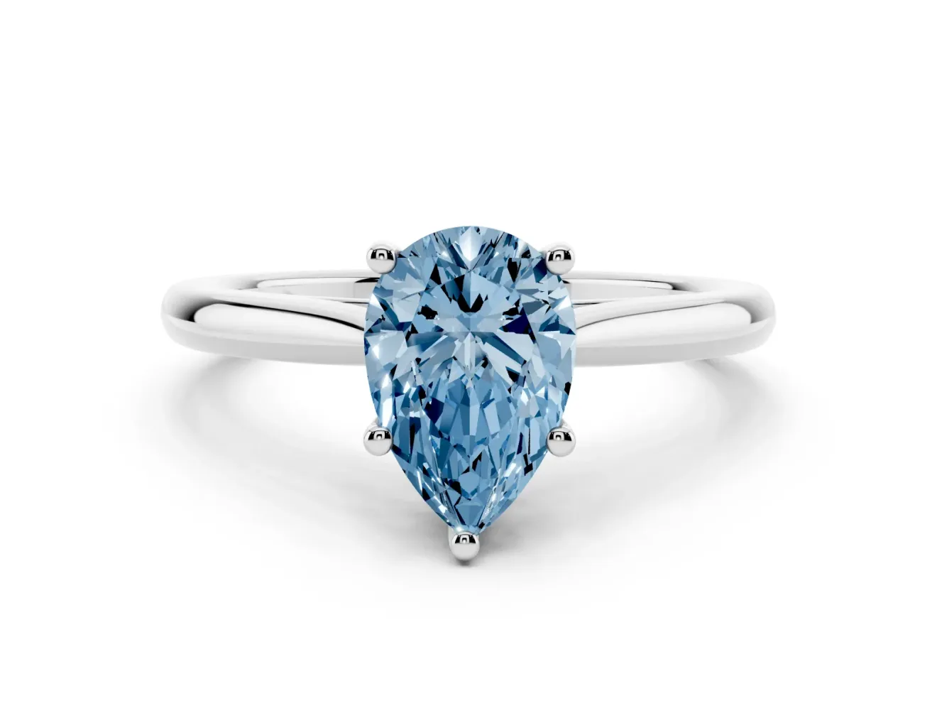 Fancy Blue Pear Cut Diamond Solitaire Ring Set in Platinum with Cathedral Band and Prong Setting