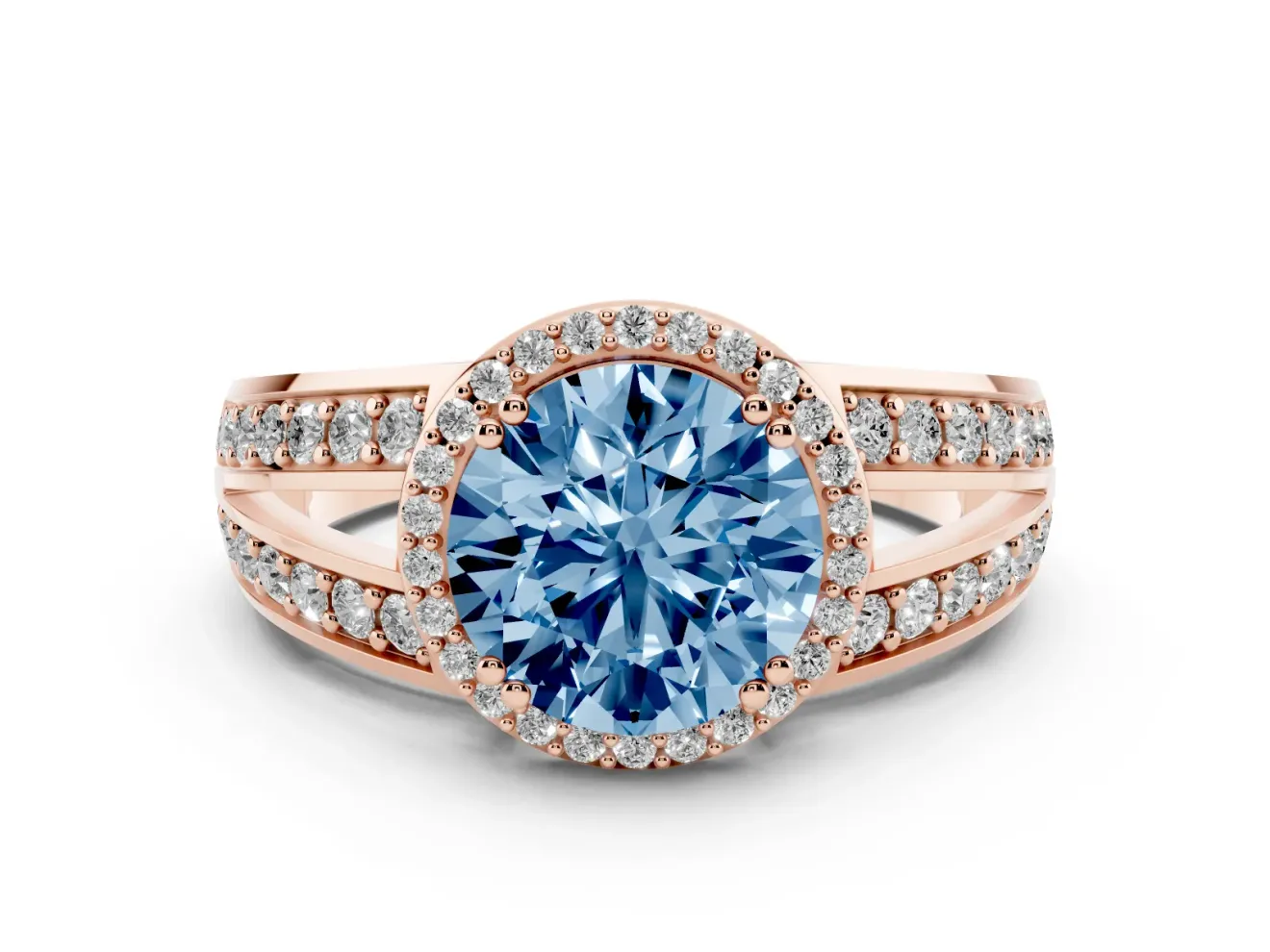 Round Halo Engagement Ring Setting for a Fancy Blue Lab-Grown Diamond | Split Shank | Rose Gold