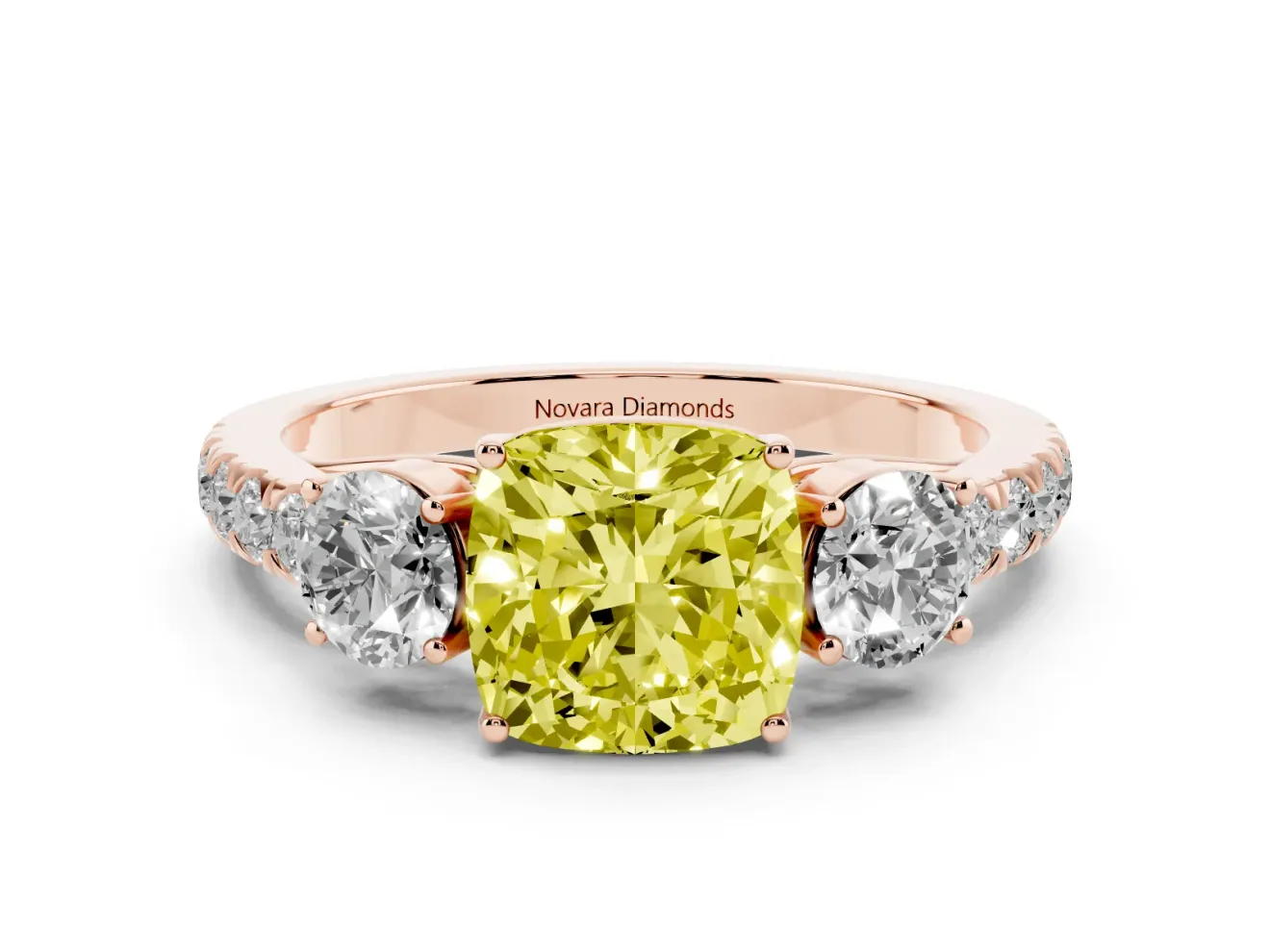 Cushion Cut Engagement Ring Setting for a Fancy Yellow Lab-Grown Diamond | Three Stone | Rose Gold