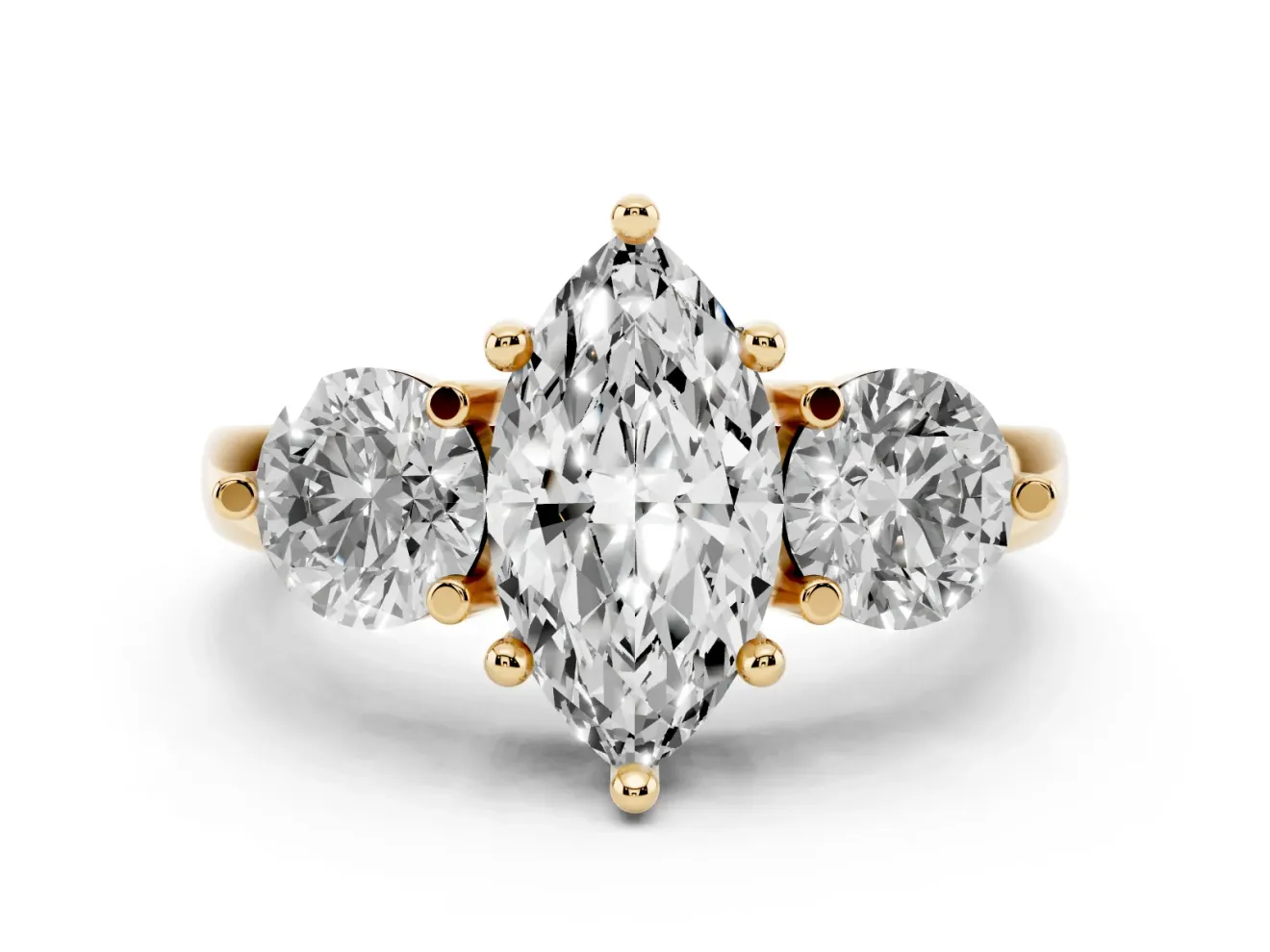 Marquise Cut Diamond Three-Stone Ring Set in Yellow gold with Prong Setting and Classic Band