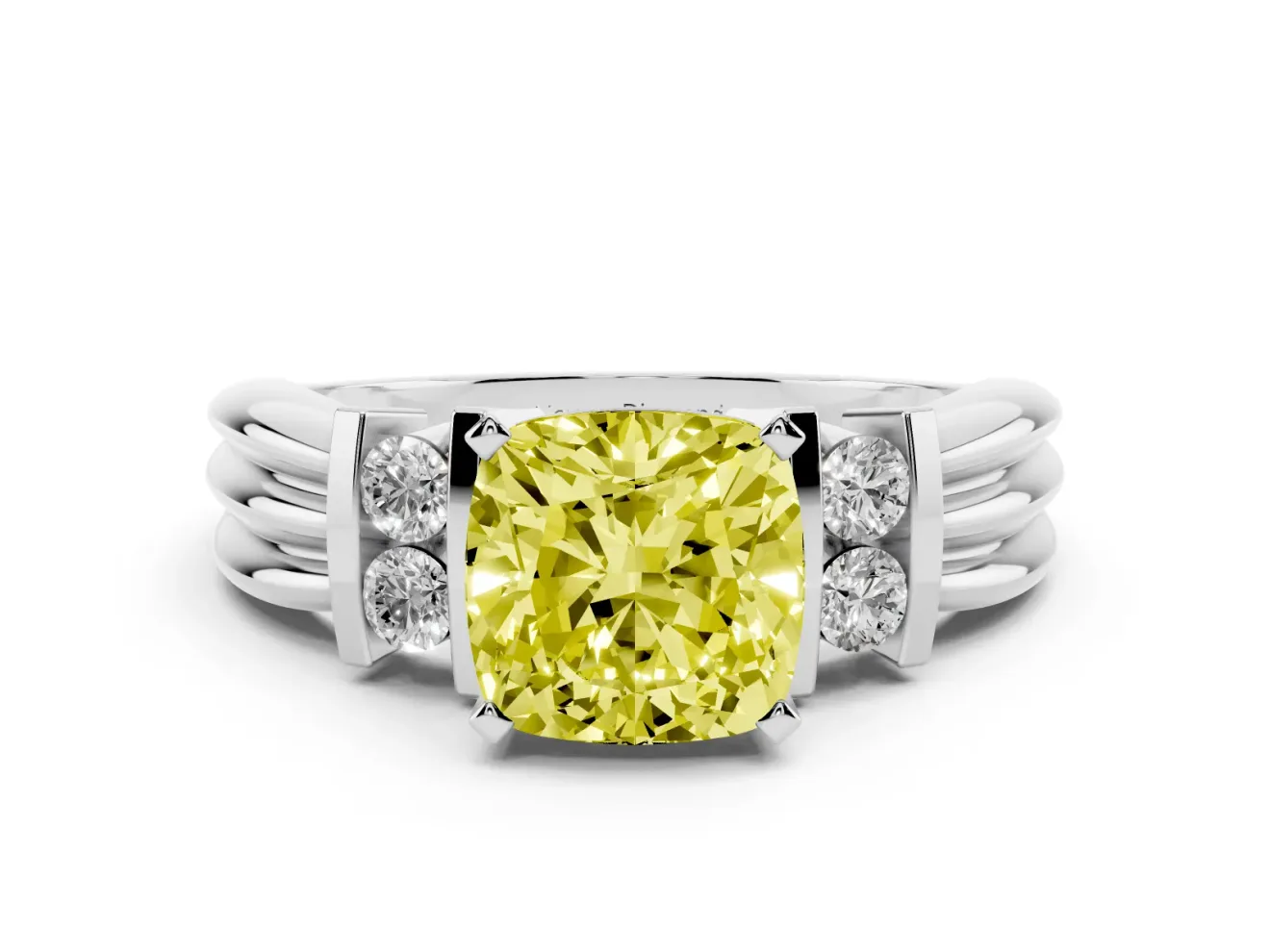 Fancy Yellow Three-Stone Cushion Cut Diamond Channel Set Ring Set in Platinum with Bar Prongs
