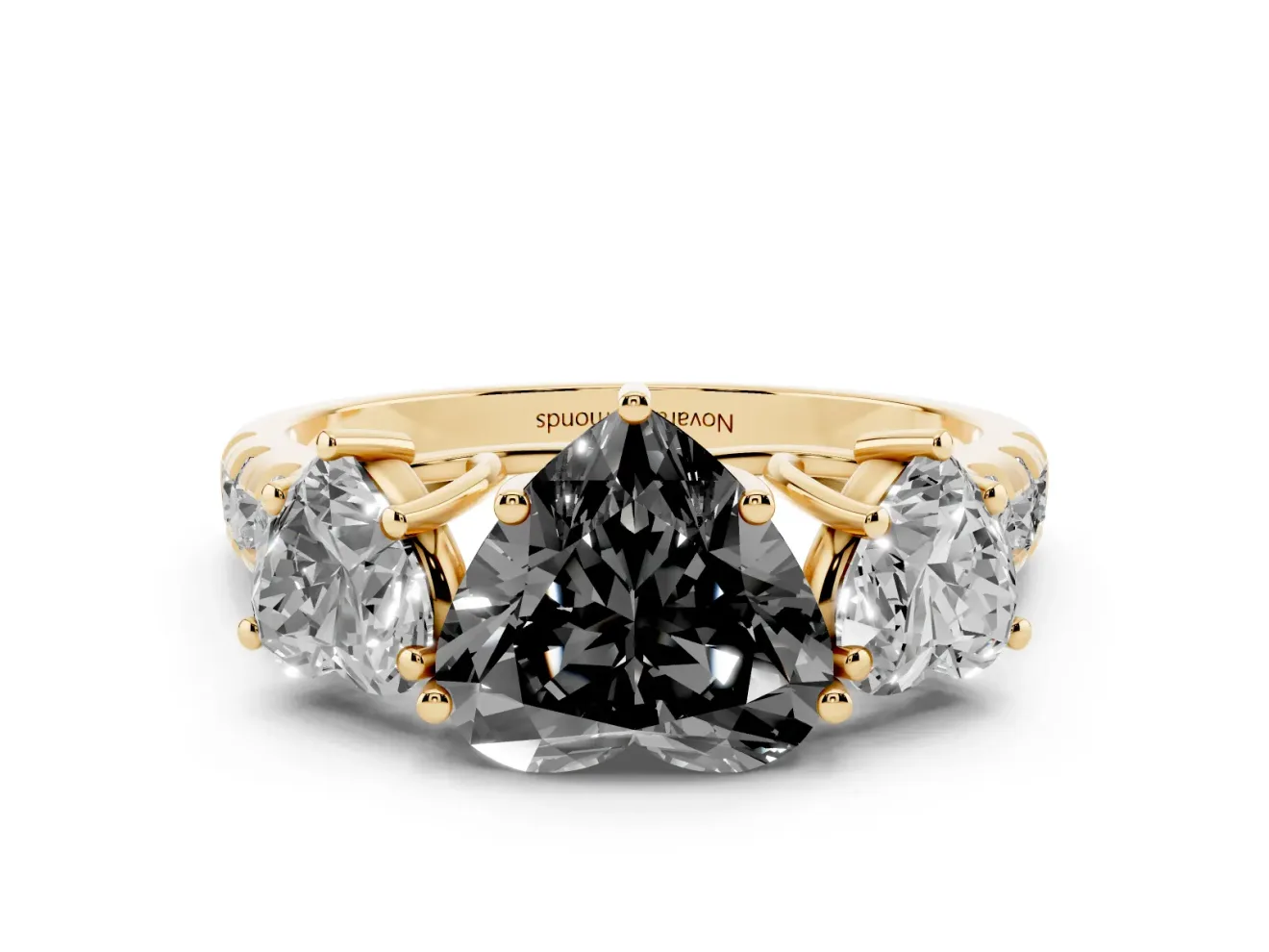 Heart-Shaped Three Stone Engagement Ring Setting for a Black Center | Accented Shoulders | Yellow Gold