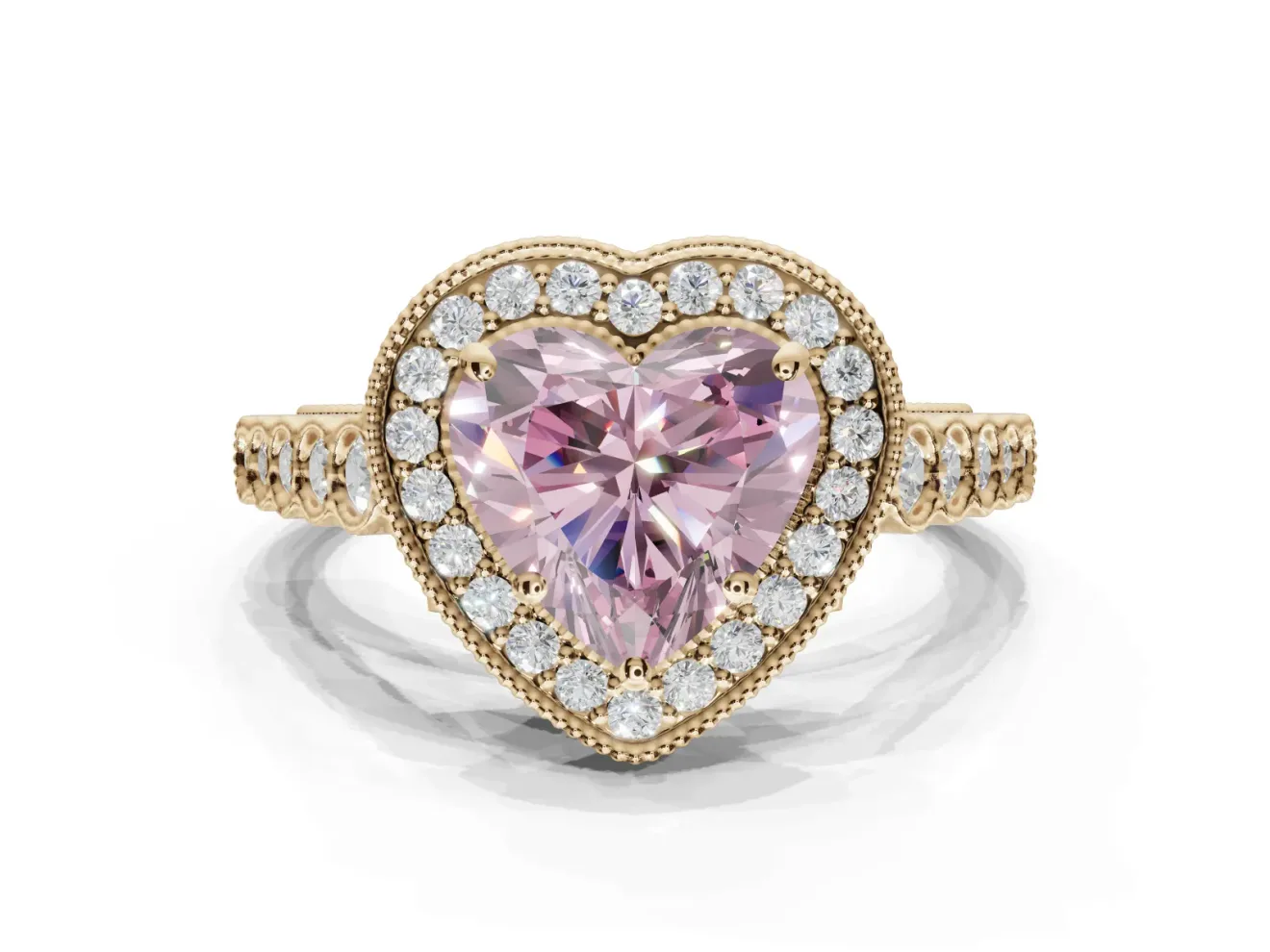 Fancy Pink Heart-Shaped Lab-Grown Diamond Milgrain Halo Solitaire Ring Set in Yellow Gold with Bezel Set Side Stones and Pavé Band