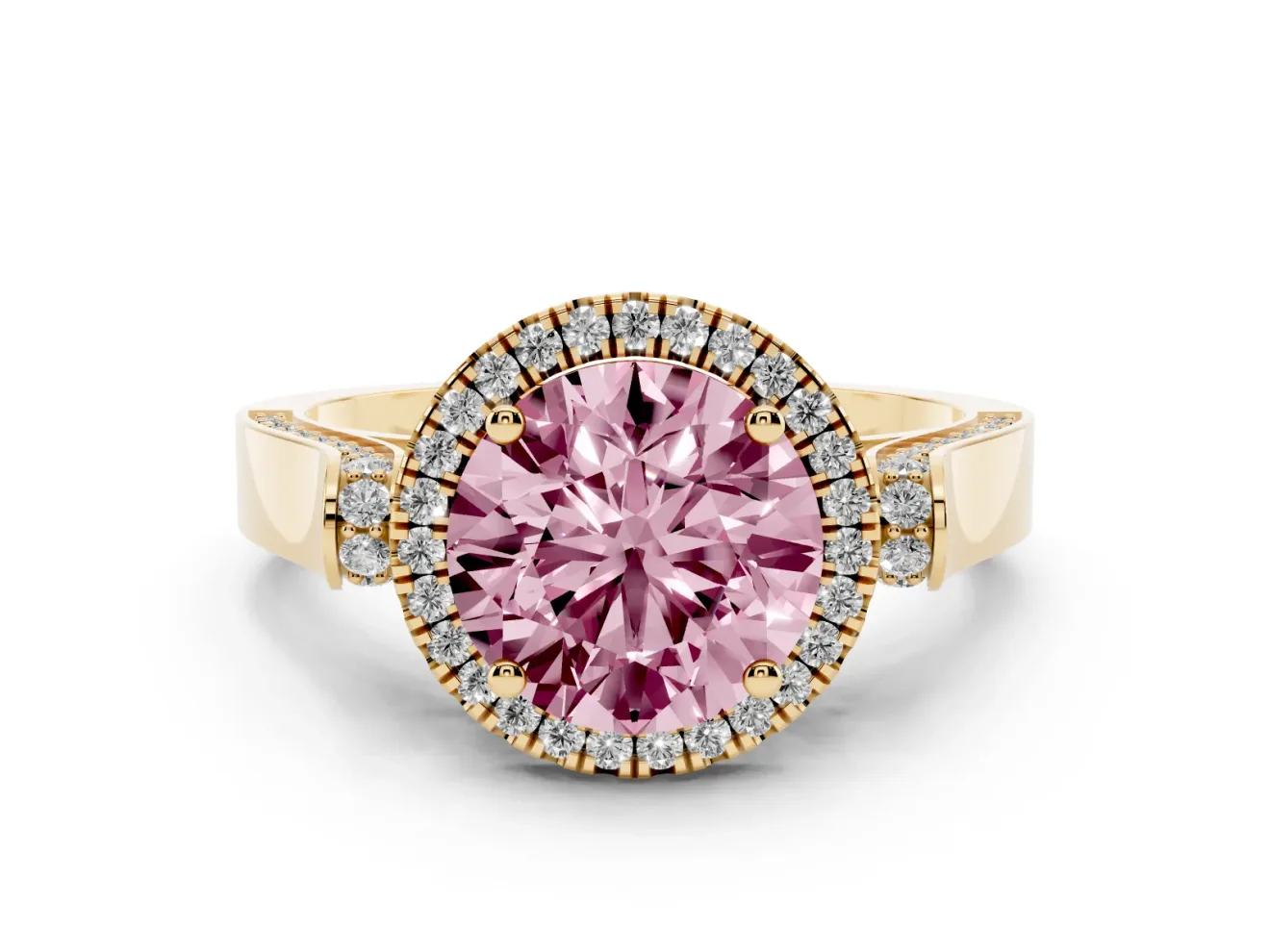 Round Pavé Halo Engagement Ring Setting for a Fancy Pink Lab-Grown Diamond | Yellow Gold