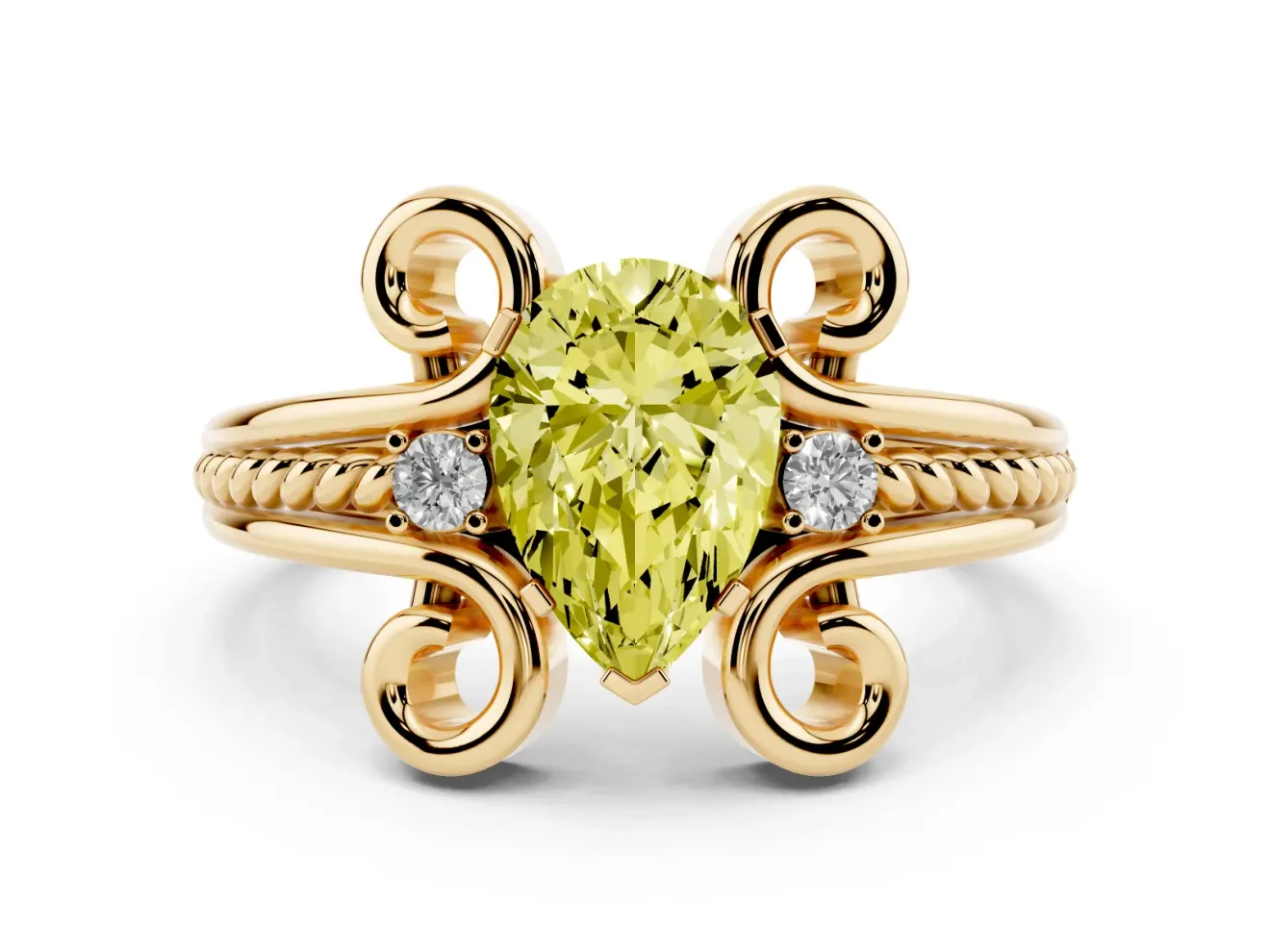 Pear-Shaped Scroll Engagement Ring Setting for a Fancy Yellow Lab-Grown Diamond | Yellow Gold