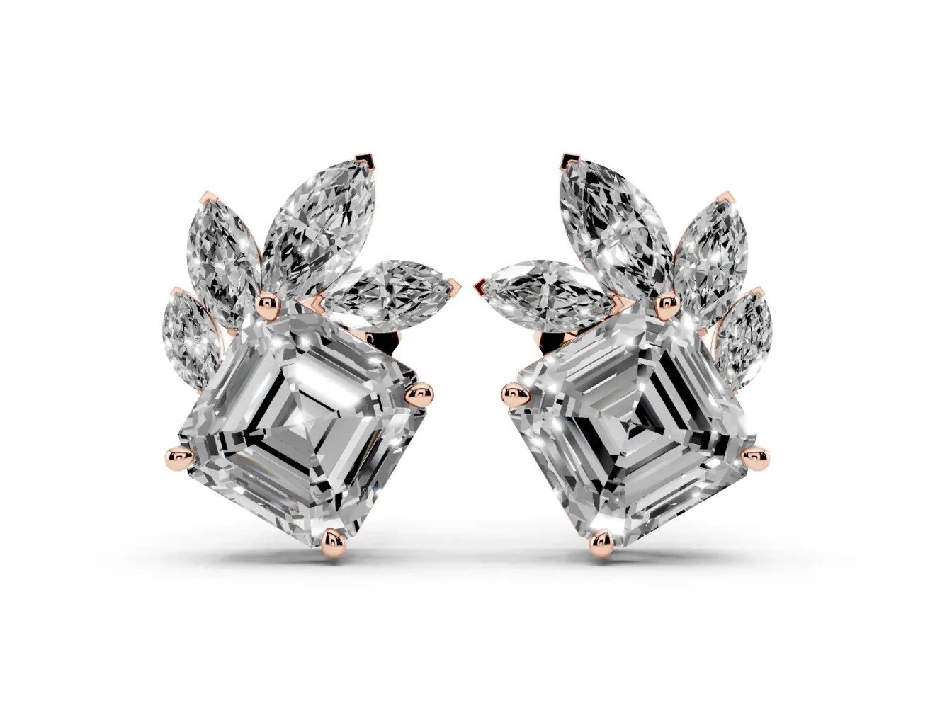 Asscher and Marquise Lab-Grown Diamond Cluster Stud Earrings | Marquise Leaf Spray | Rose Gold