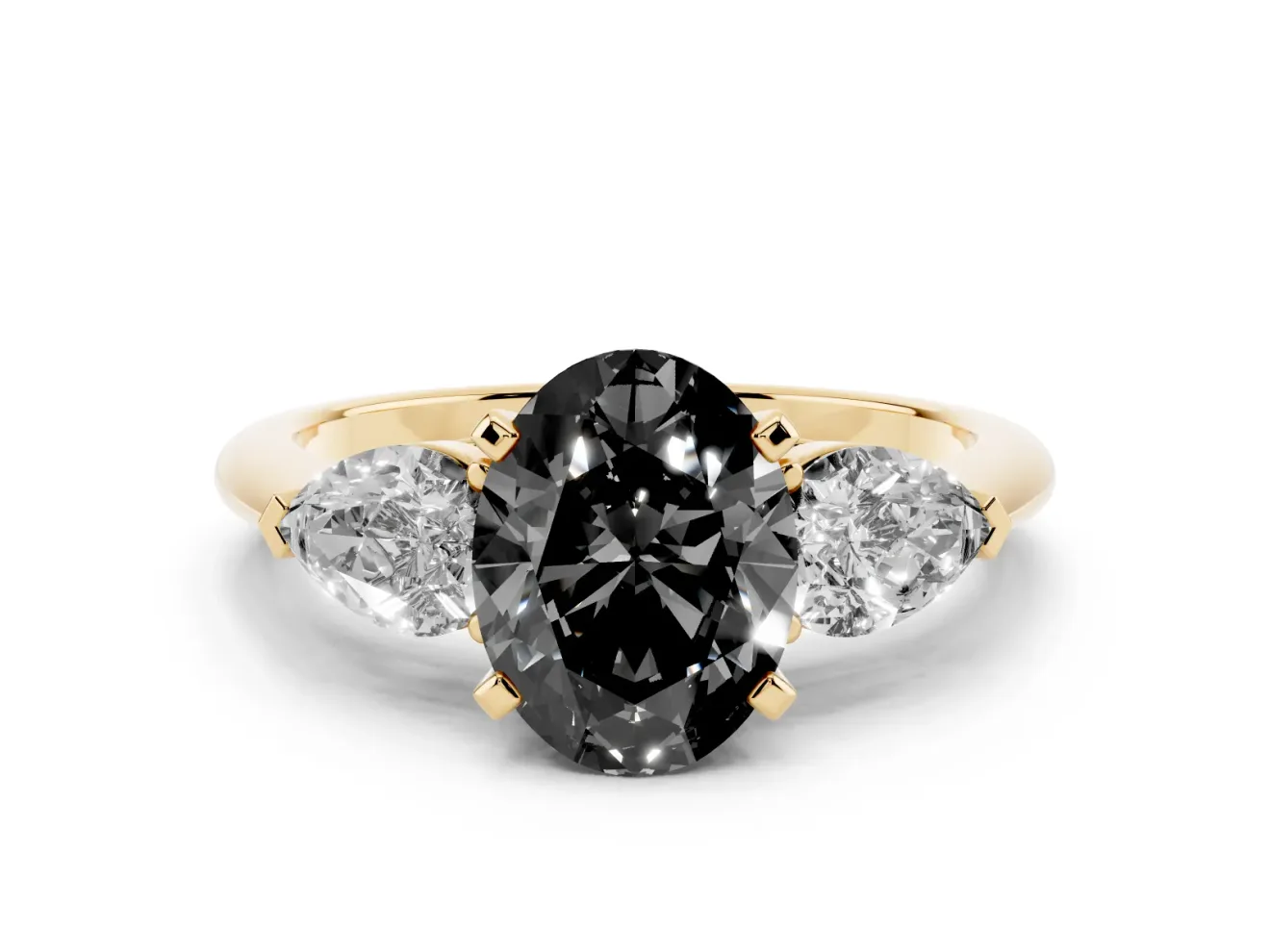 Oval Three-Stone Engagement Ring Setting for a Black Center | Pear Side Stones | Yellow Gold
