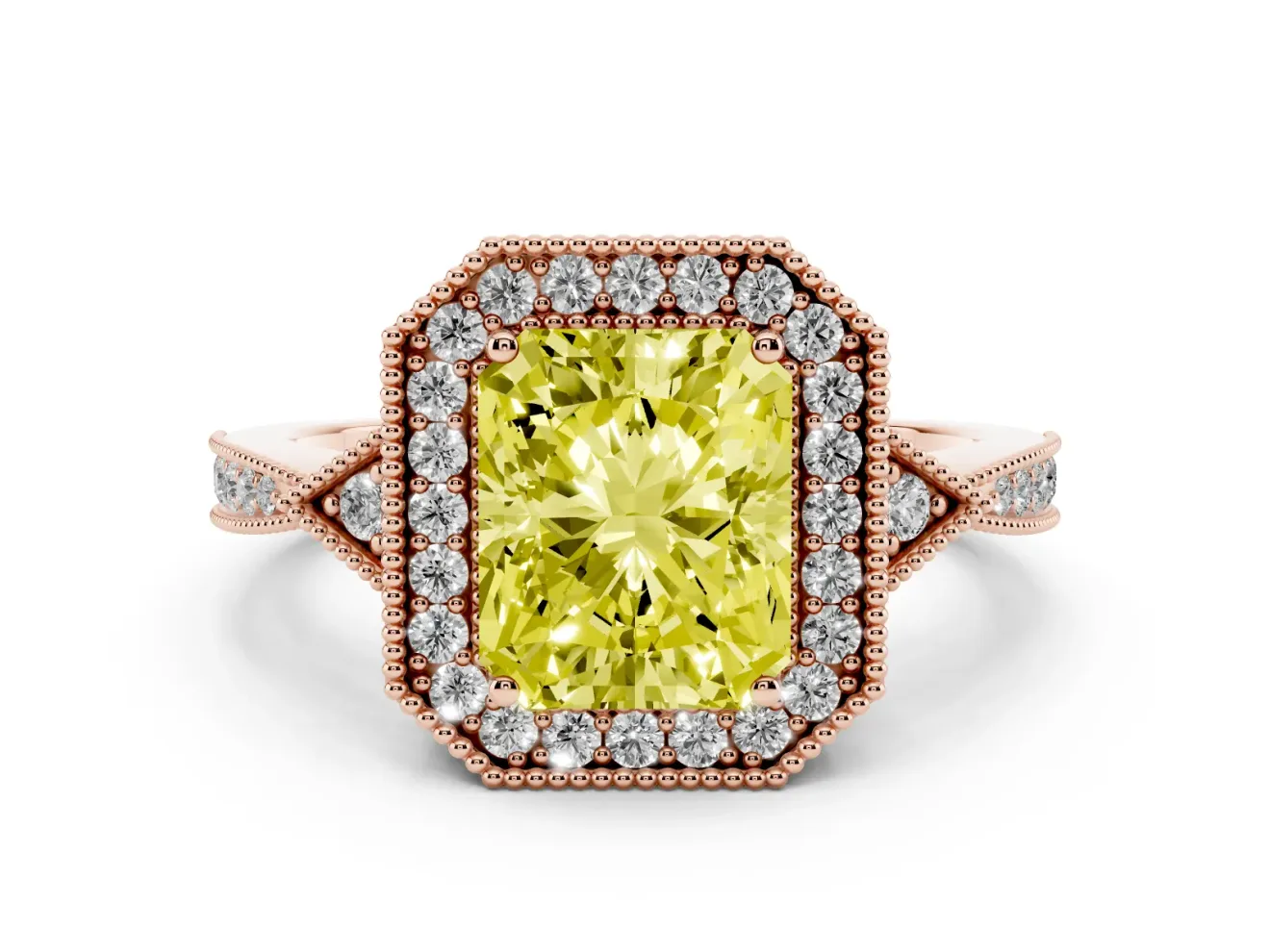 Radiant Cut Milgrain Halo Engagement Ring Setting for a Fancy Yellow Lab-Grown Diamond | Graduated Pavé | Rose Gold