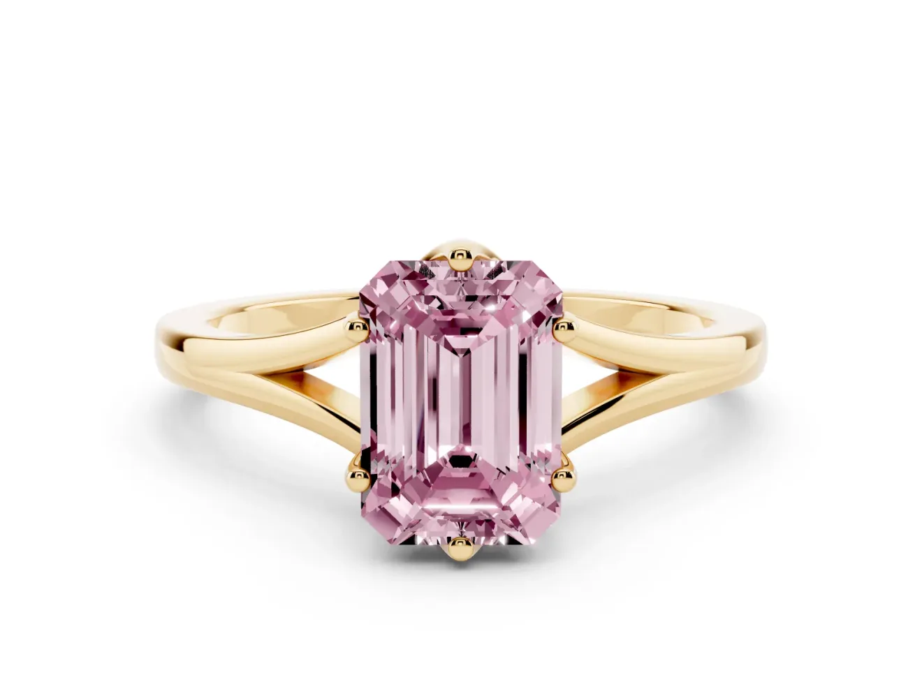 Fancy Pink Emerald Cut Diamond Solitaire Ring Set in Yellow gold with Polished Tapered Band and Prong Setting