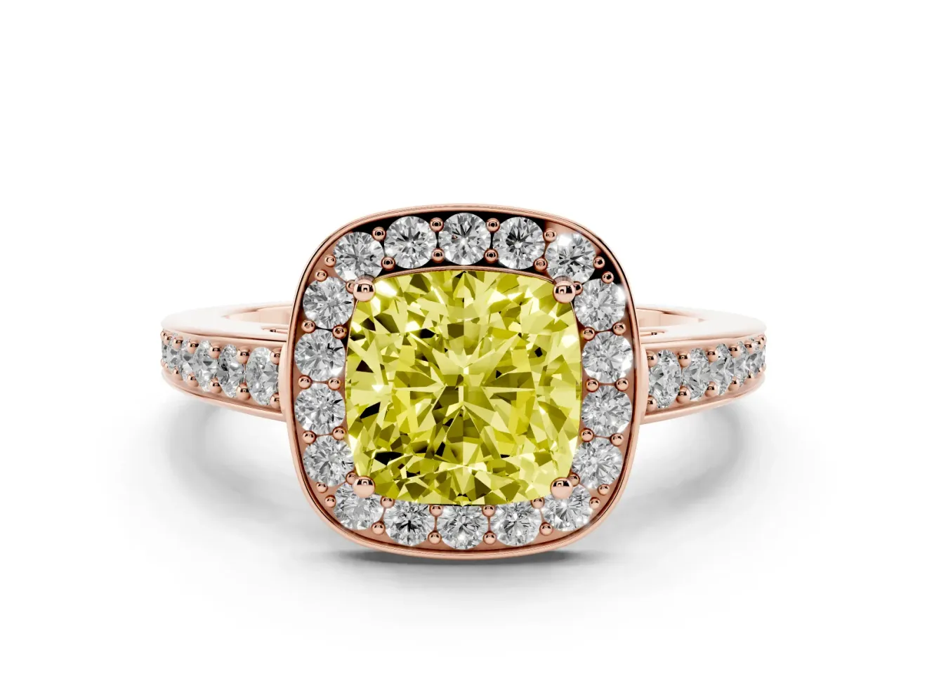 Fancy Yellow Cushion Cut Diamond Halo Pavé Engagement Ring Set in Rose gold with Bezel Setting