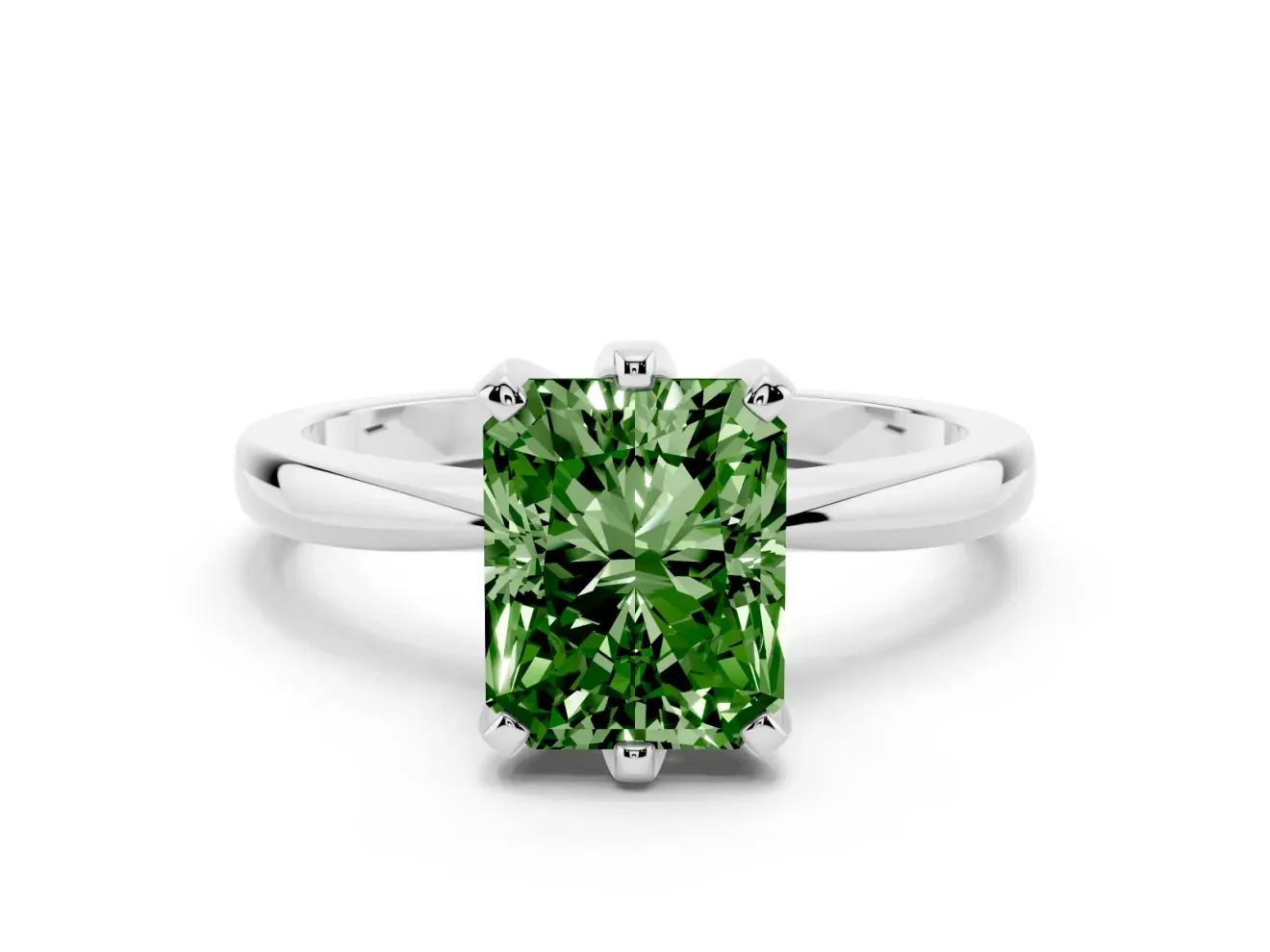 Fancy Green Radiant Cut Diamond Solitaire Engagement Ring Set in White gold with Slim Tapered Solitaire Band