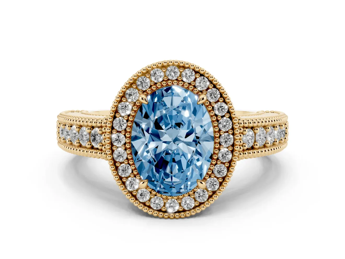 Fancy Blue Oval Cut Diamond Halo Ring Set in Yellow gold with Round Accent Halo, Pavé Band and Prong Setting