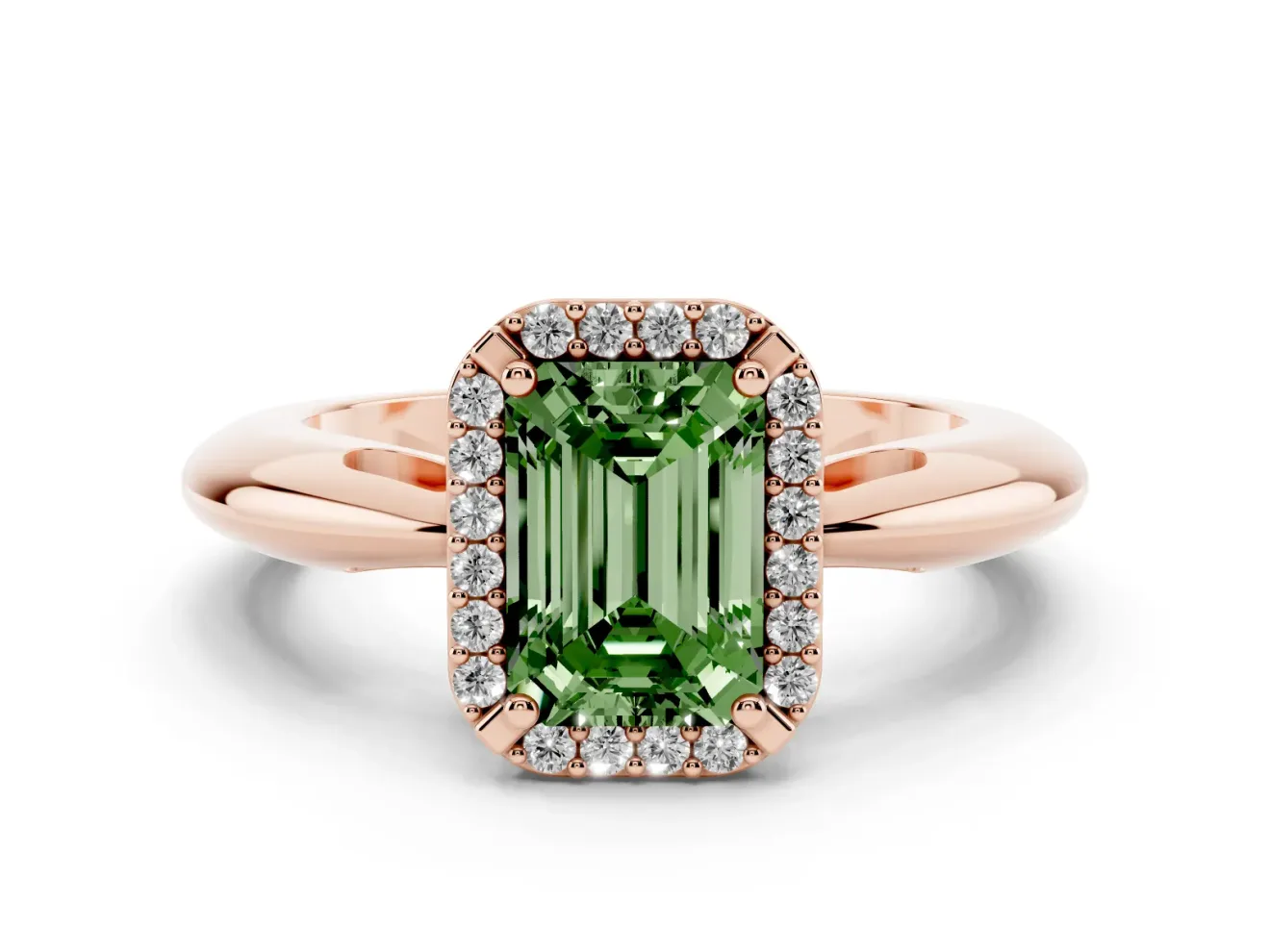 Emerald Cut Halo Engagement Ring Setting for a Fancy Green Lab-Grown Diamond | Plain Tapered Band | Rose Gold