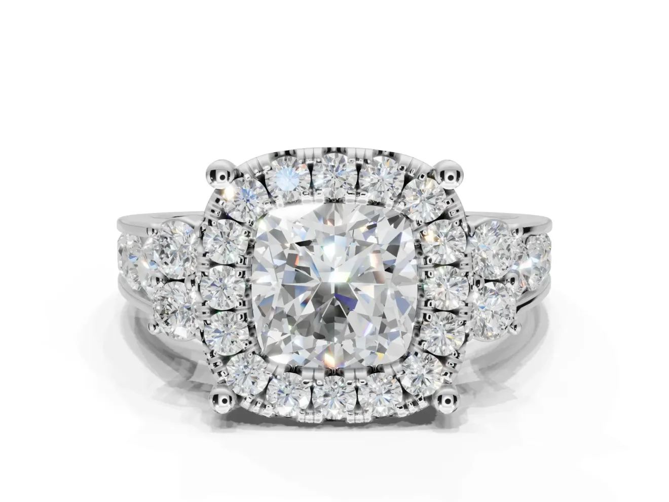 Cushion Cut Halo Side Cluster Engagement Ring Setting | Graduated Channel Band | White Gold