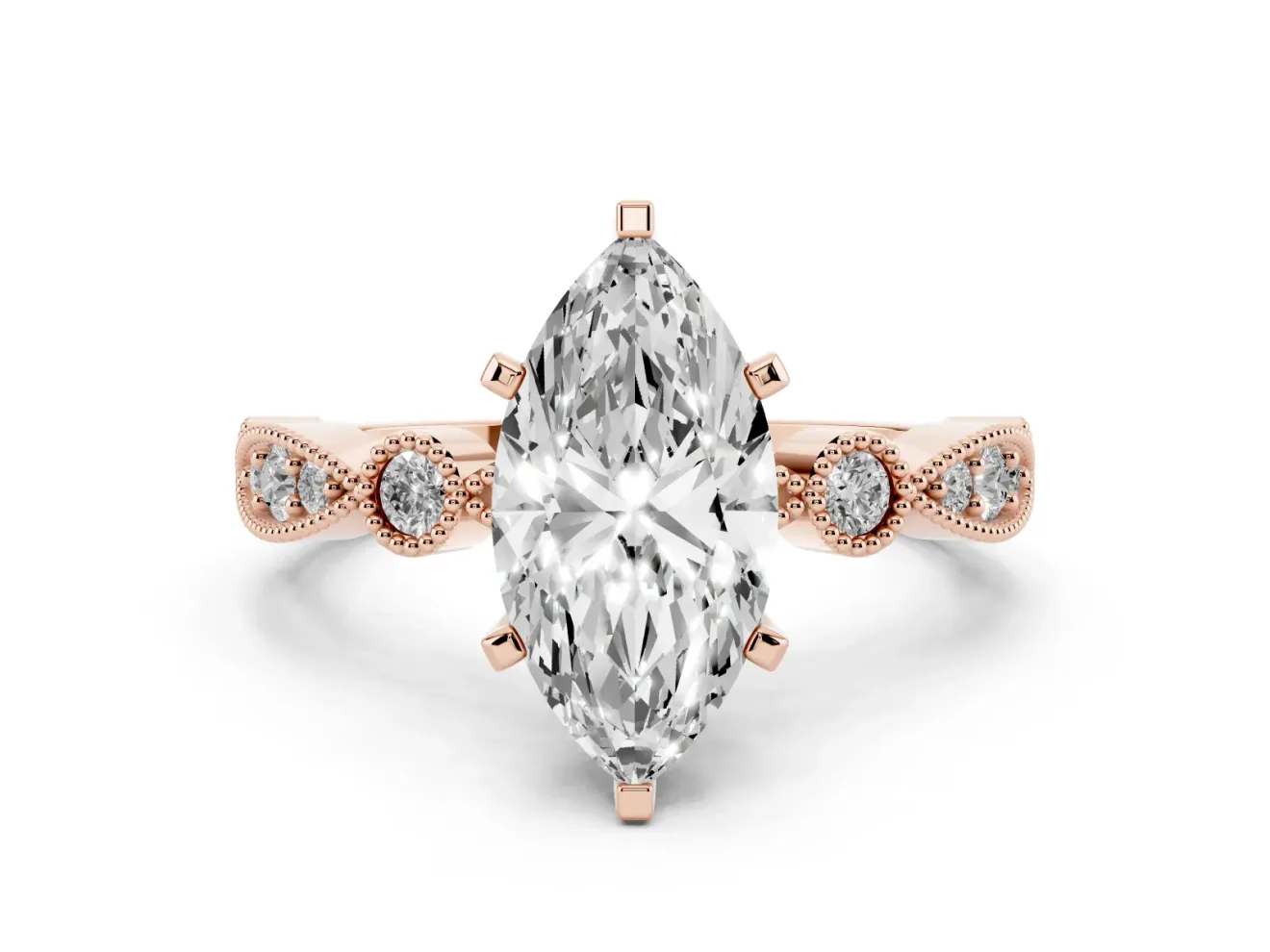 Marquise Cut Diamond Solitaire Engagement Ring Set in Rose gold with Milgrain Bezel Accent Band