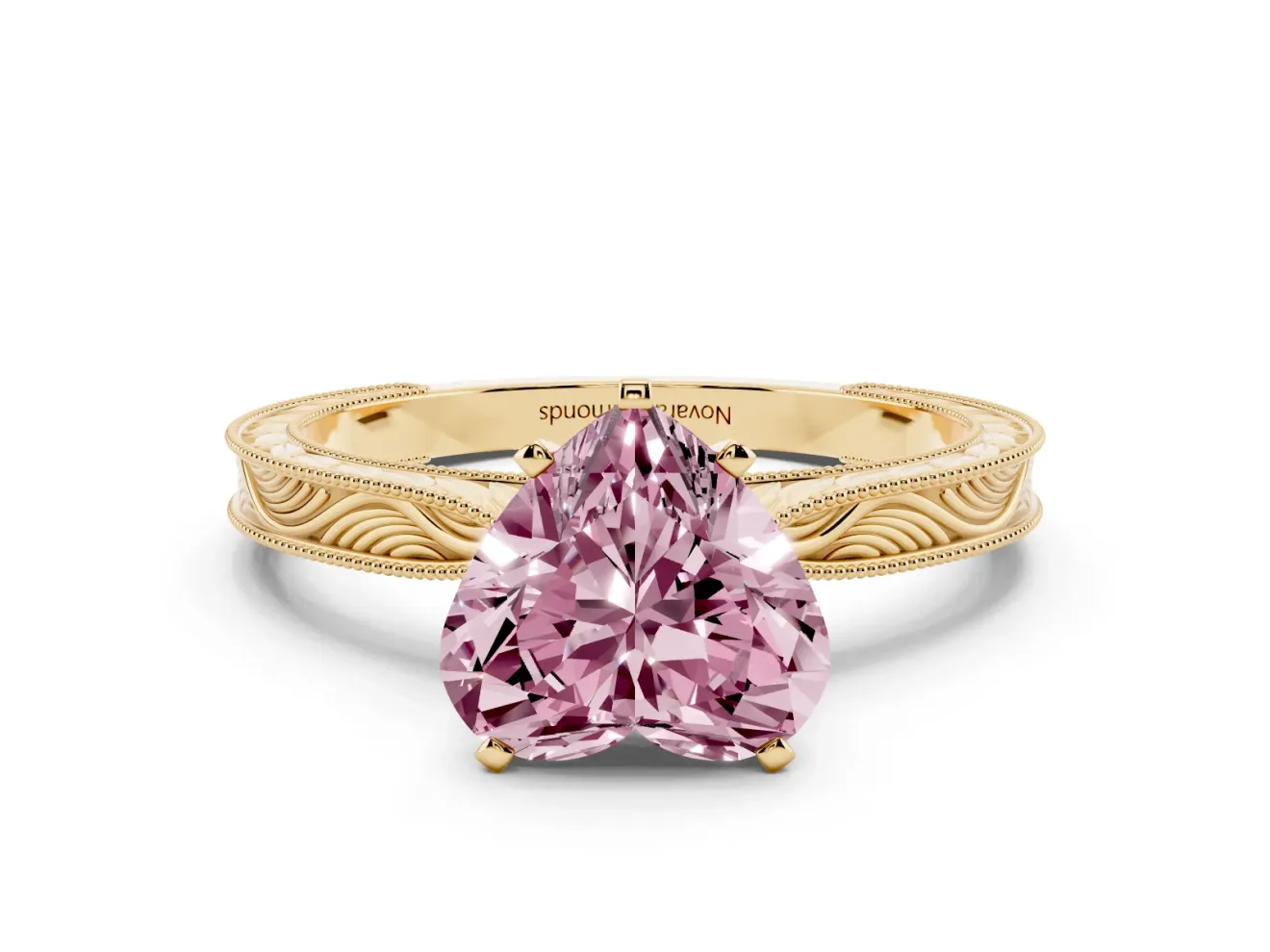Fancy Pink Heart Cut Diamond Solitaire Milgrain Engraved Band Set in Yellow gold with Prong Setting