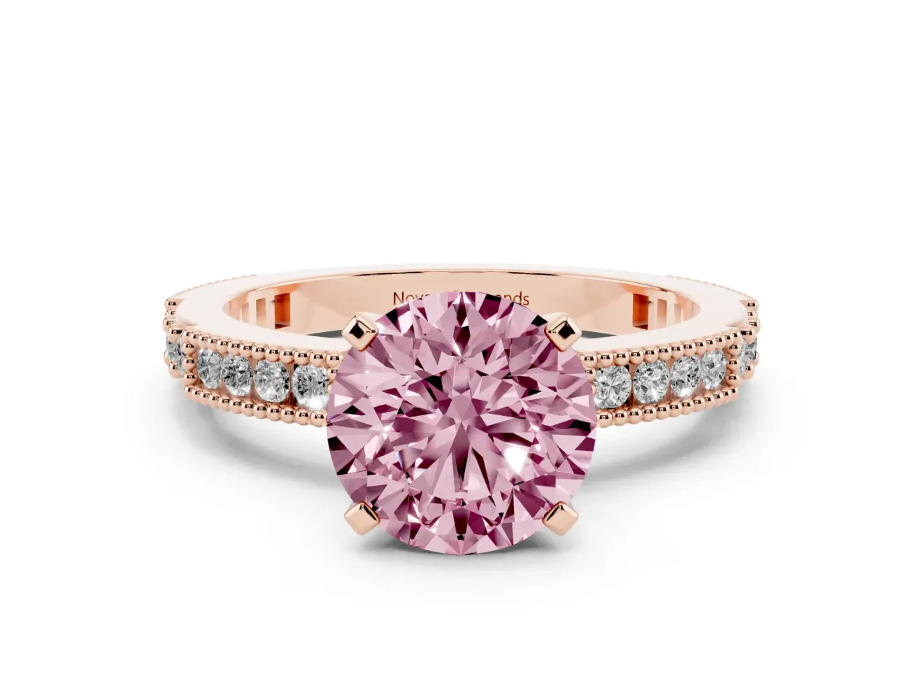 Fancy Pink Round Cut Diamond Solitaire Ring Set in Rose gold with Slim Pavé Band and Prong Setting