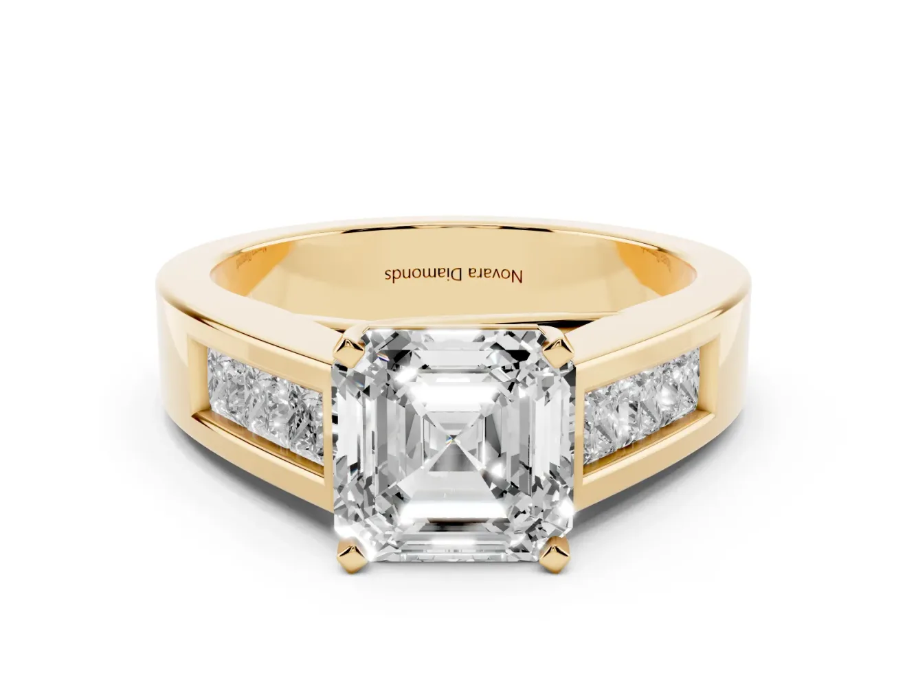 Asscher Cut Diamond Solitaire Ring Set in Yellow gold with Channel-Set Accent Stones and Prong Setting