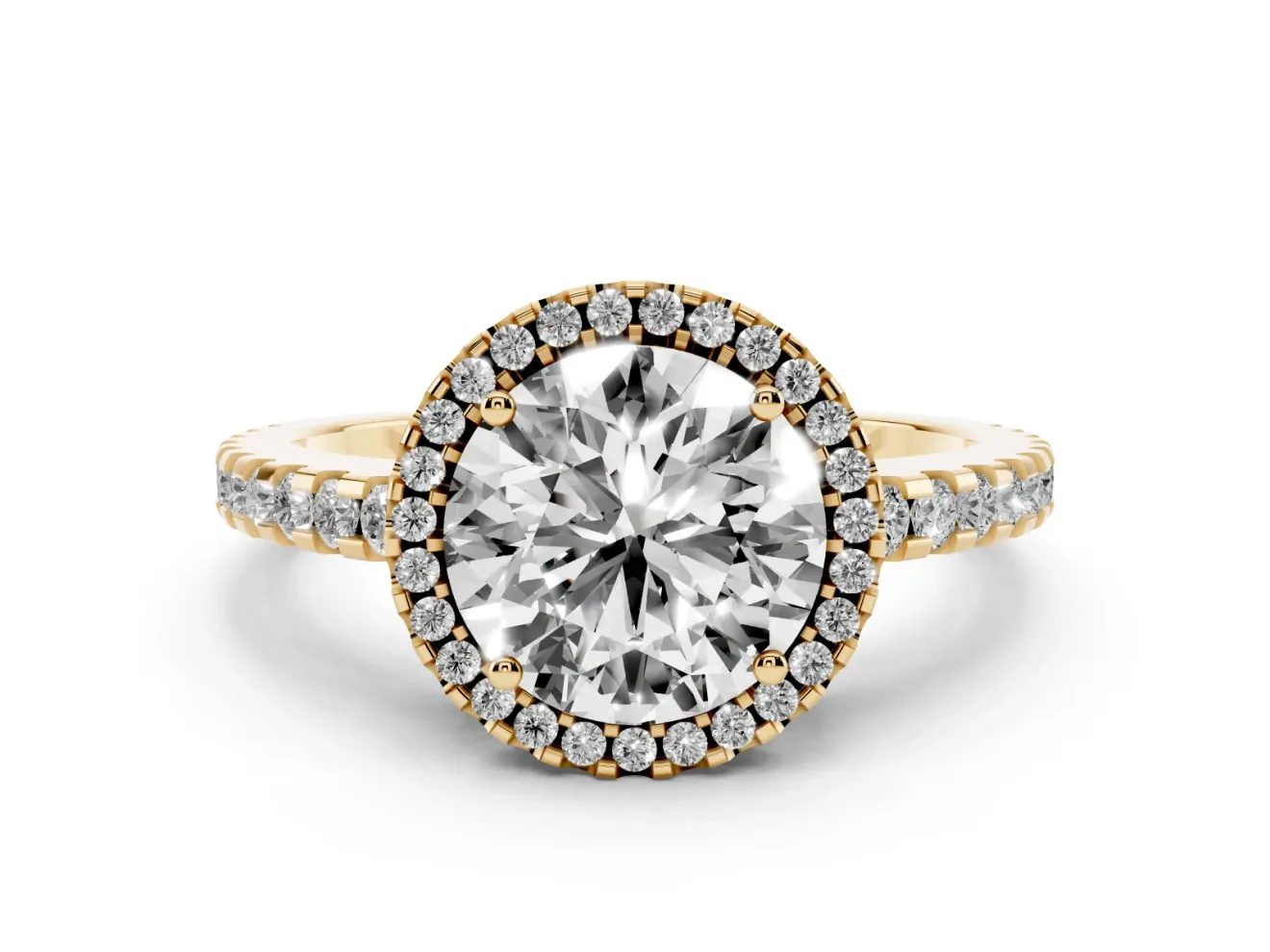 Round Halo Engagement Ring Setting | Half Pave Band | Yellow Gold