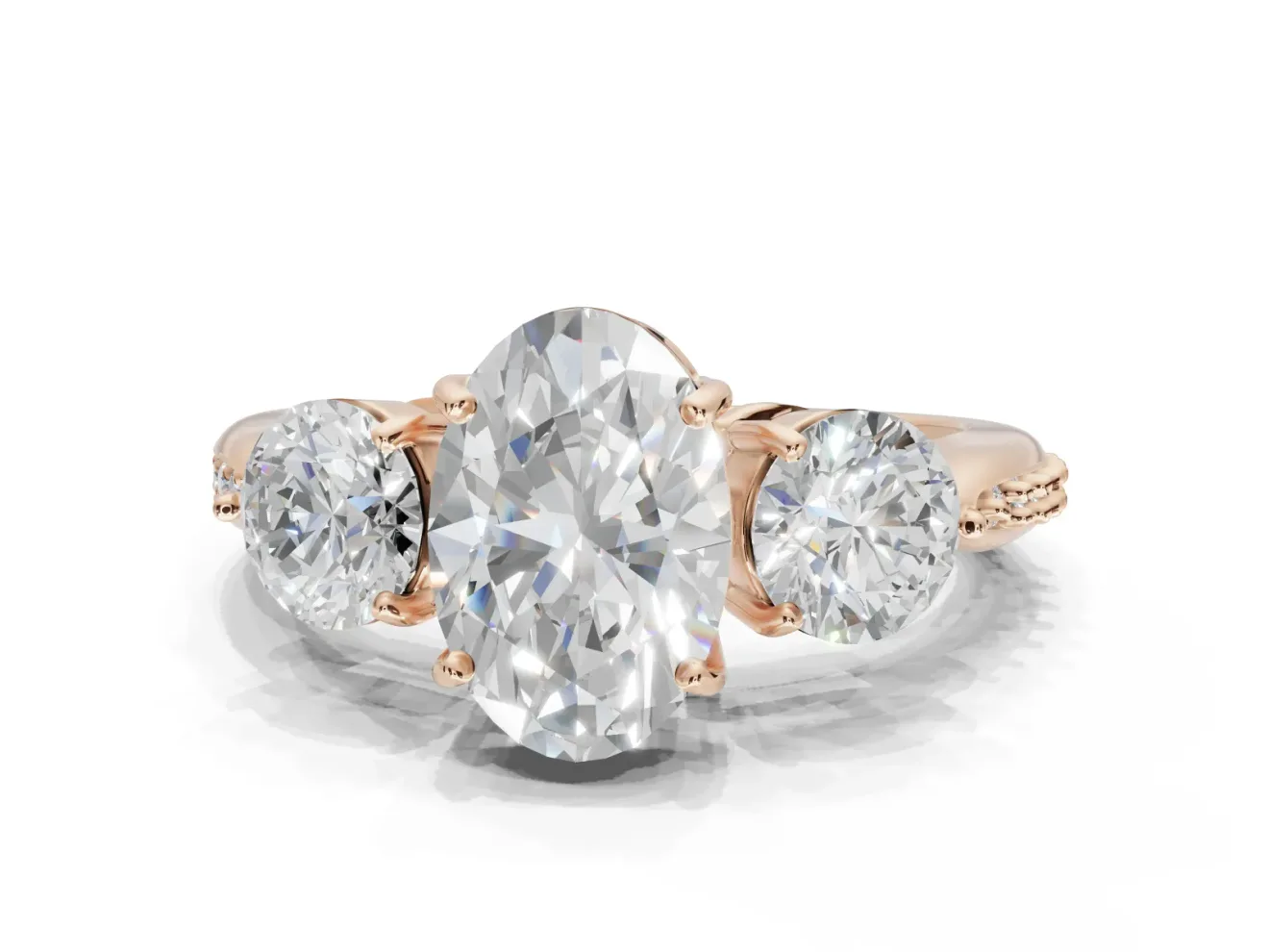Oval Three Stone Engagement Ring Setting | Tapered Pave Band | Rose Gold