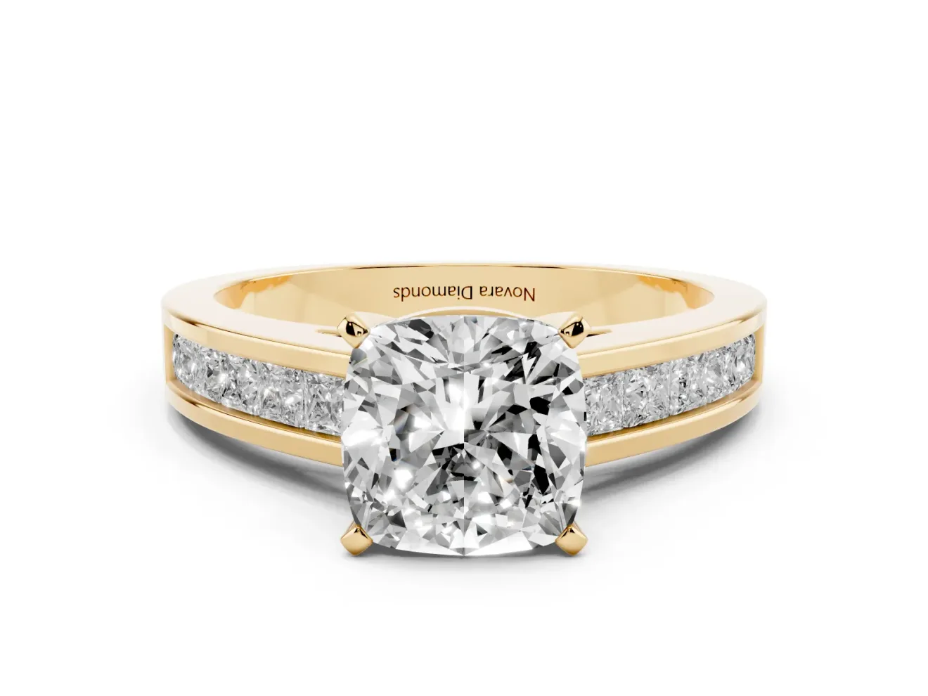 Cushion Cut Diamond Solitaire Ring Set in Yellow gold with Channel-Set Band and Prong Setting