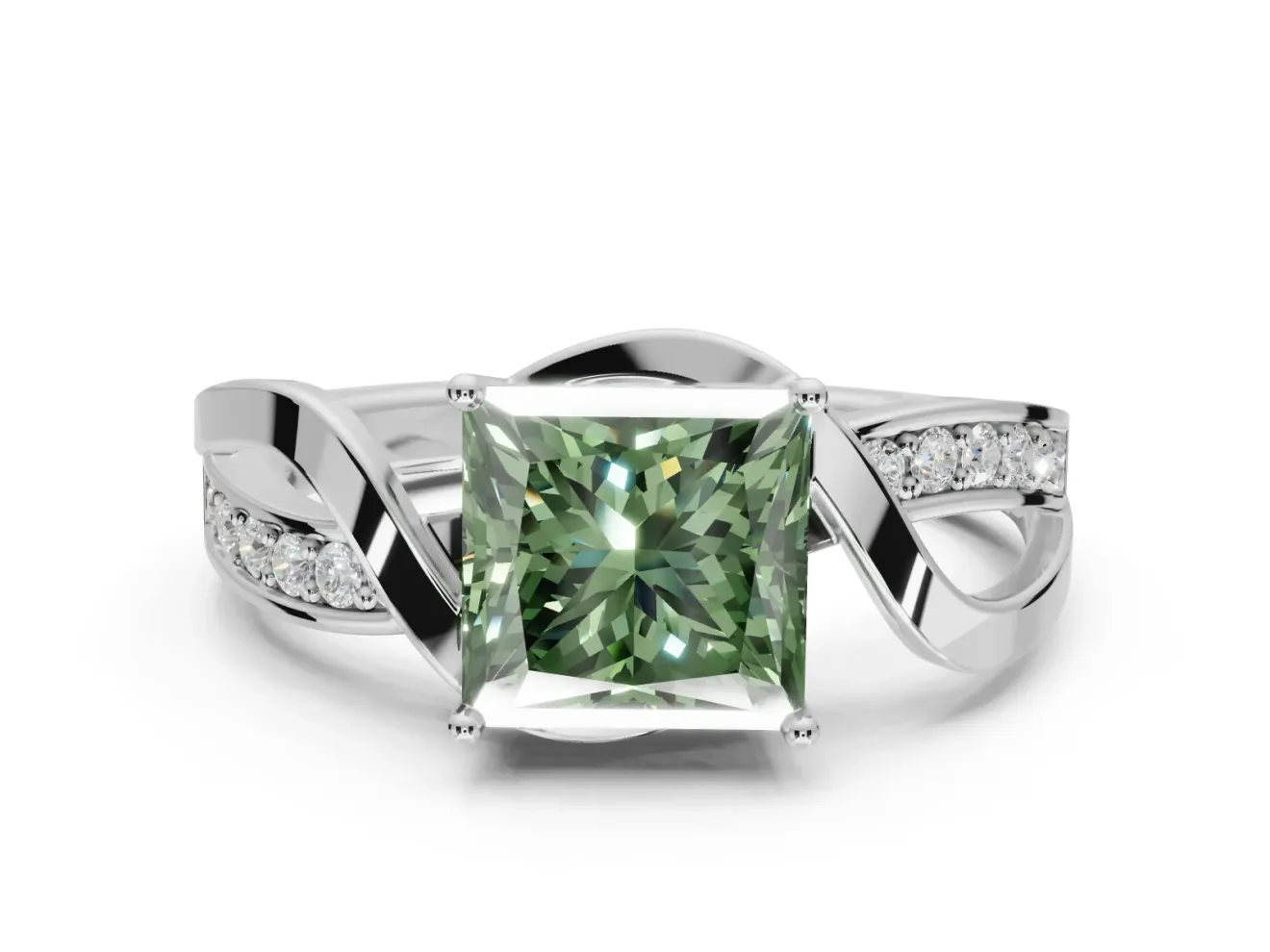 Princess Cut Bypass Solitaire Engagement Ring Setting for a Fancy Green Lab-Grown Diamond | Pavé Strands | Platinum