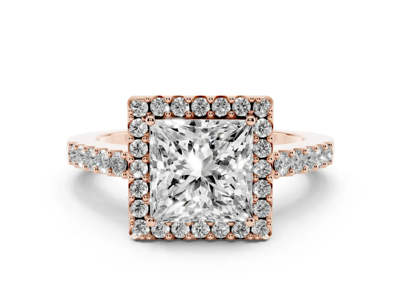 Princess Cut Halo Engagement Ring Setting | Single Row Pavé Band | Rose Gold