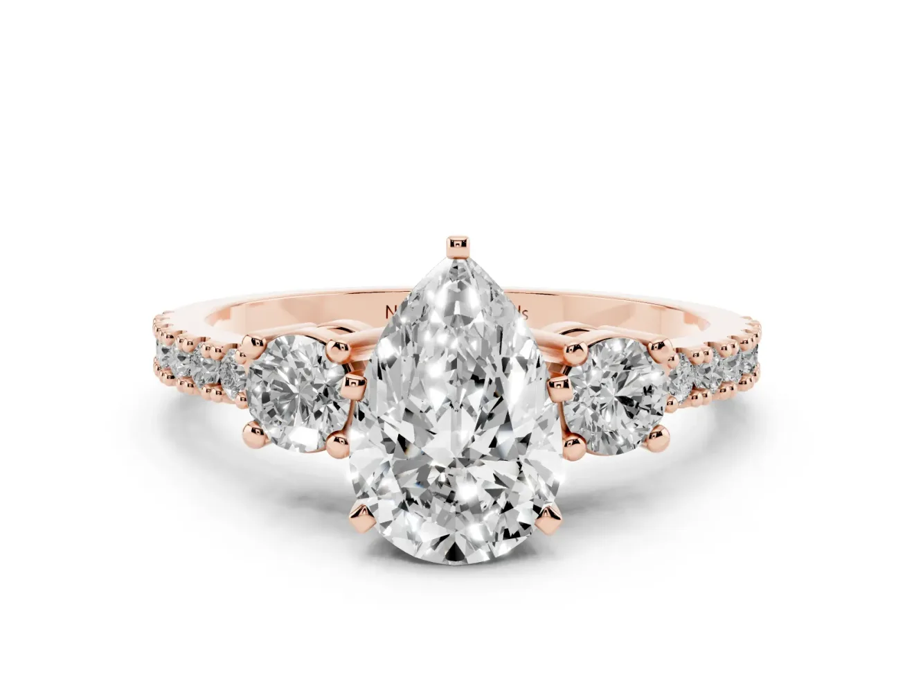 Pear-Shaped Three Stone Pavé Engagement Ring Setting | Round Side Stones | Rose Gold