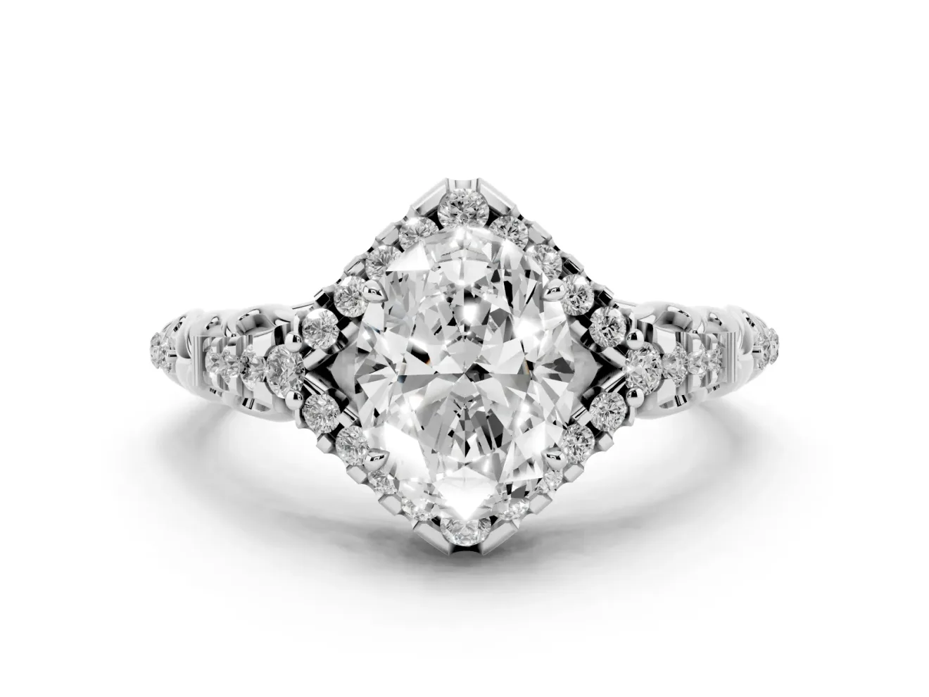 Oval Hidden Halo Filigree Engagement Ring Setting | Pavé Shoulders | Sterling Silver