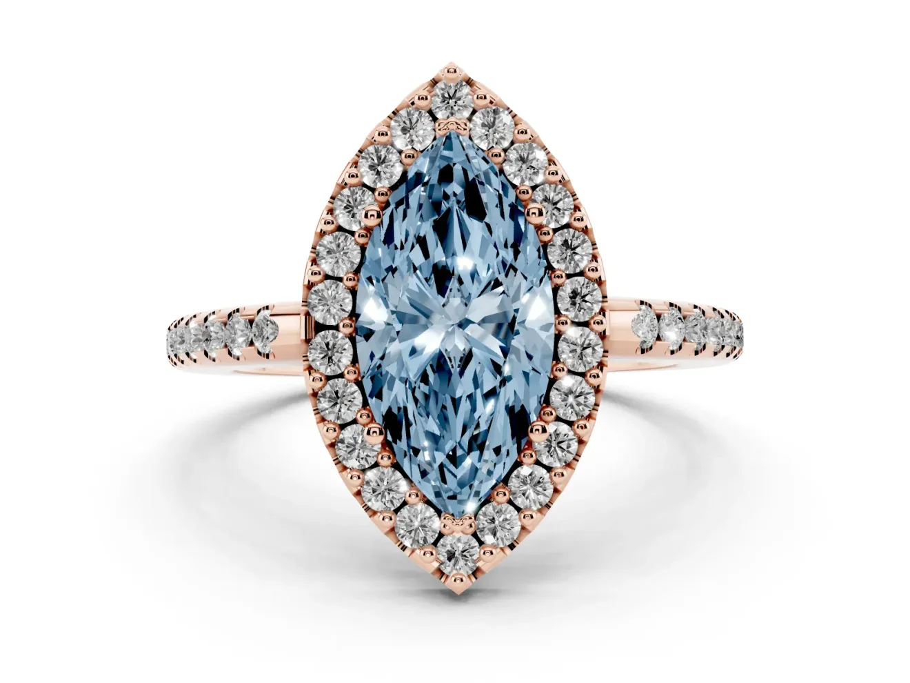 Marquise Pave Halo Engagement Ring Setting for a Fancy Blue Lab-Grown Diamond | Pave Band | Rose Gold