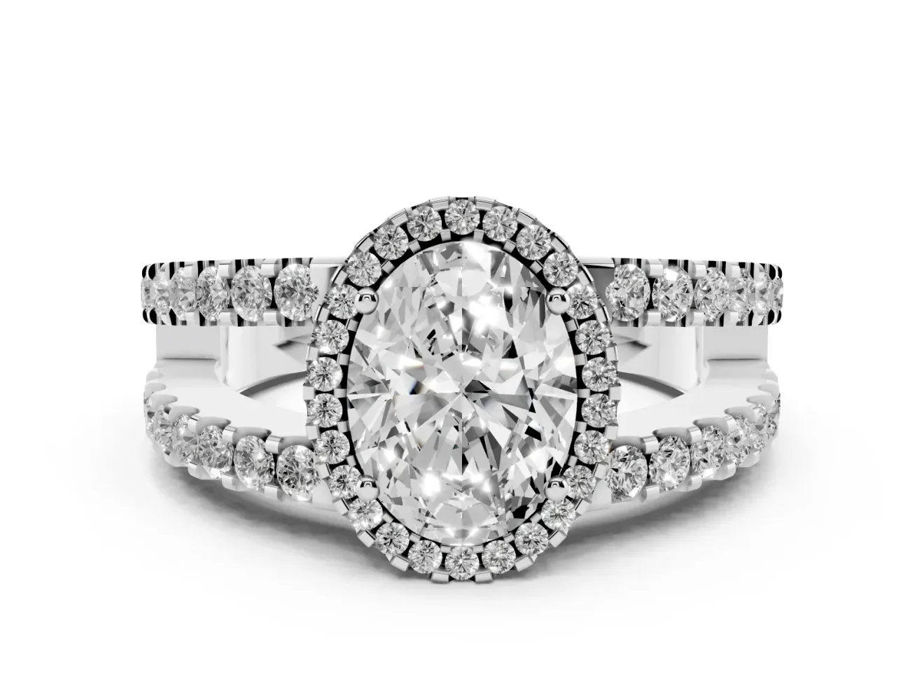 Oval Cut Diamond Halo Ring Set in Silver with Pavé Split Shank and Prong Setting