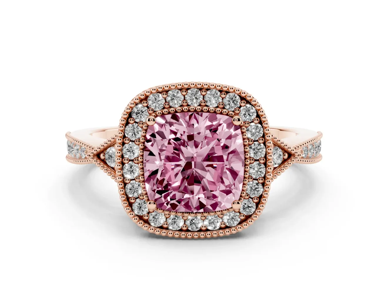 Cushion Cut Milgrain Halo Engagement Ring Setting for a Fancy Pink Lab-Grown Diamond | Graduated Pavé | Rose Gold