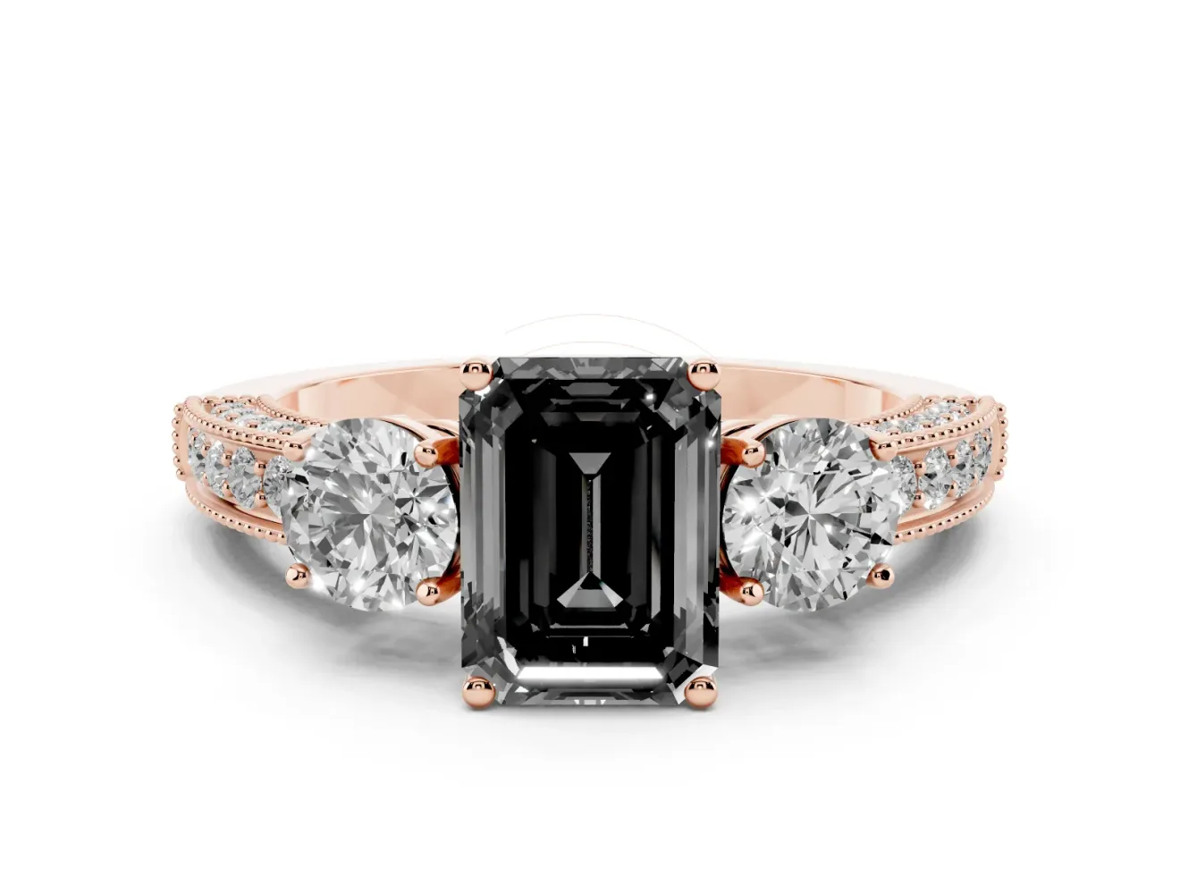 Emerald Cut Three Stone Engagement Ring Setting for a Black Center | Graduated Pavé Band | Rose Gold