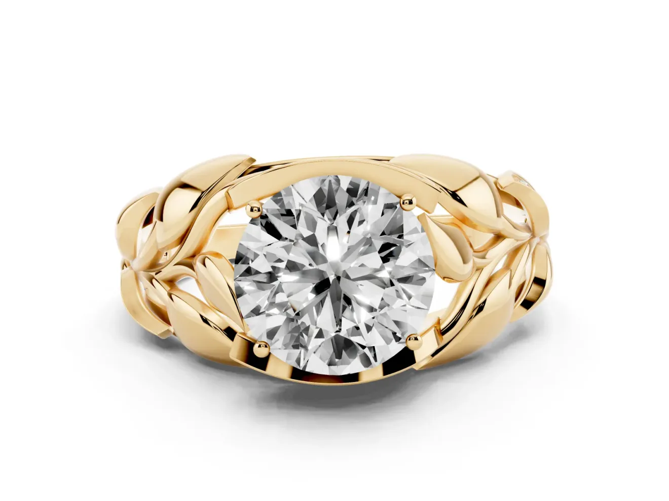 Round Cut Diamond Leaf-Inspired Engagement Ring Set in Yellow gold with Round Accents