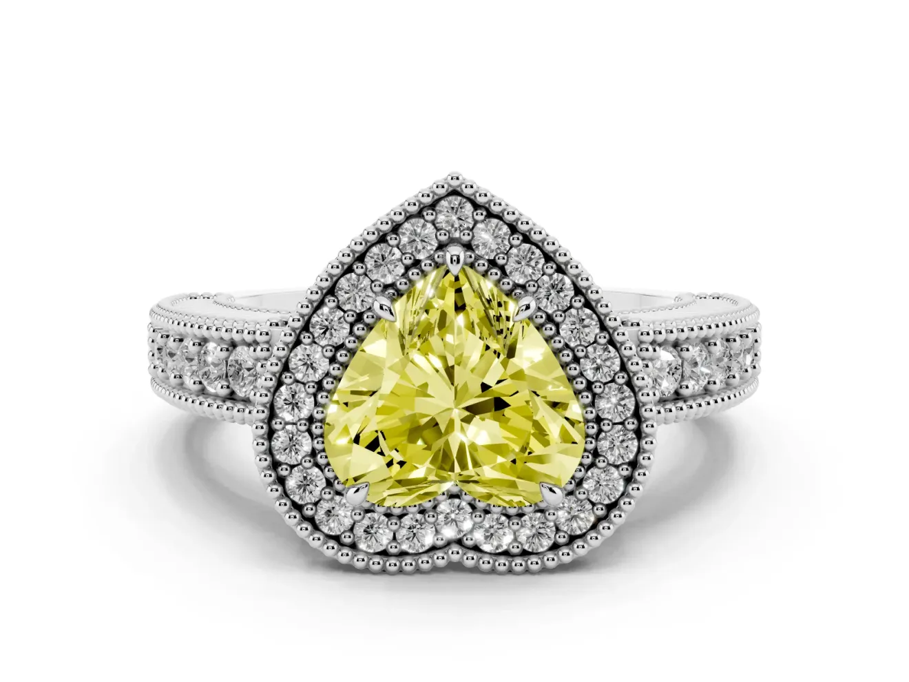 Fancy Yellow Heart Cut Diamond Halo Ring Set in White gold with Round Accent Halo, Pavé Band and Prong Setting