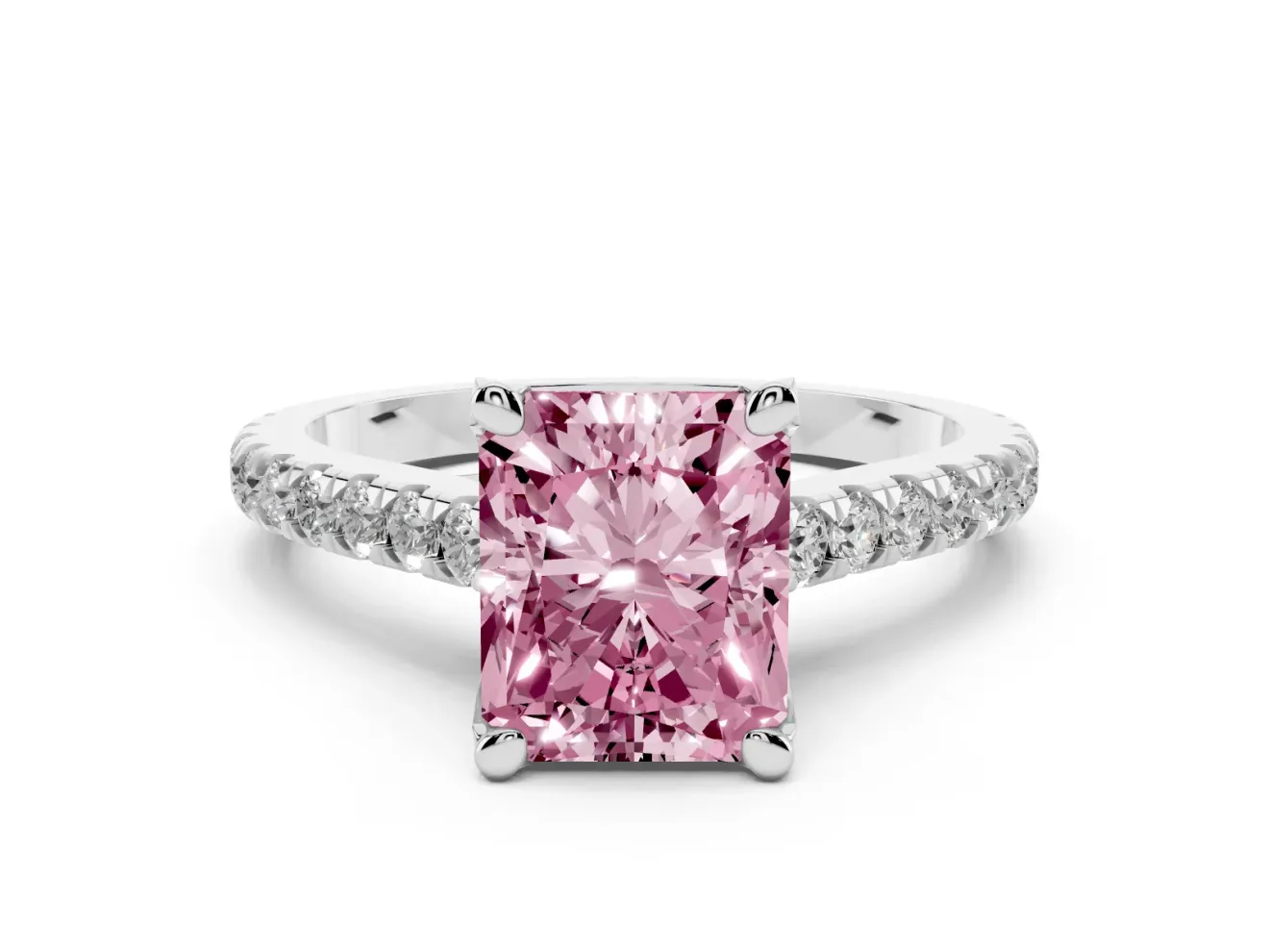 Radiant Cut Hidden Halo Pave Engagement Ring Setting for a Fancy Pink Lab-Grown Diamond | Claw Prongs | White Gold