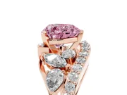 Fancy Pink Heart Cut Diamond Halo Ring Set in Rose gold with Marquise and Pavé Band in Prong Setting
